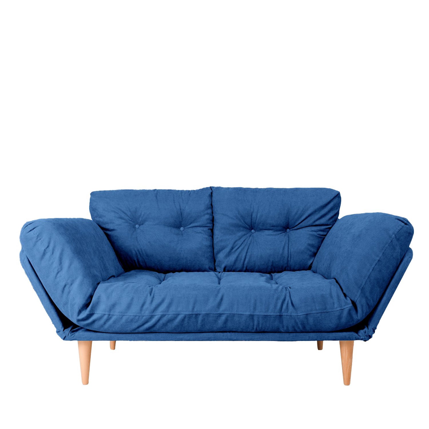 Sofá-cama moderno de 3 lugares – 190 cm x 60 cm – azul Parlamento – estrutura metálica, tecido de linho, pernas de madeira