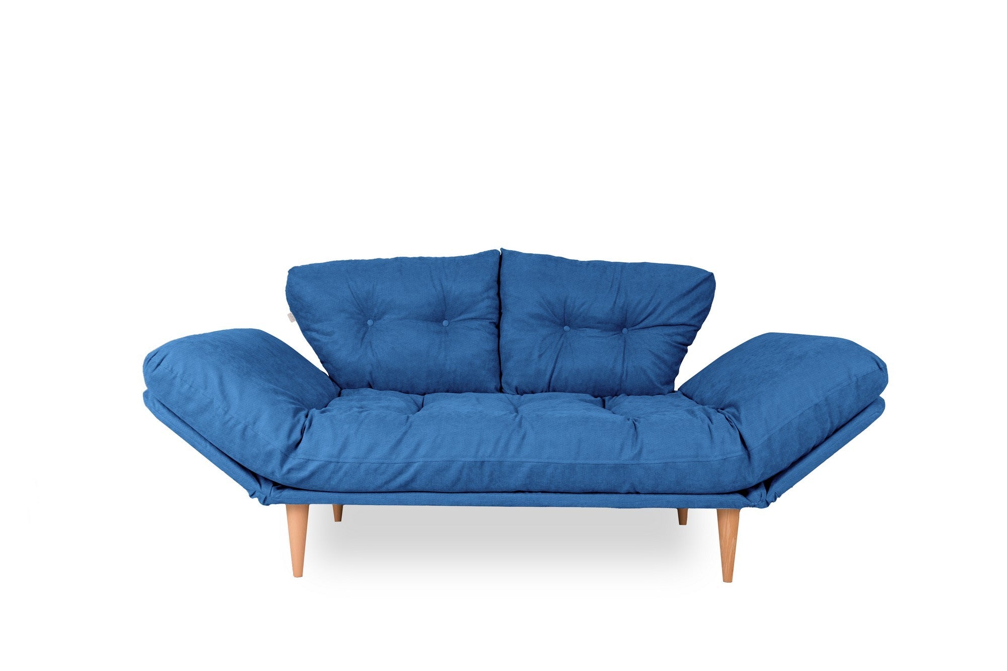 Sofá-cama moderno de 3 lugares – 190 cm x 60 cm – azul Parlamento – estrutura metálica, tecido de linho, pernas de madeira