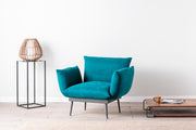 Poltrona moderna – 90 x 95 x 80 cm – Verde petróleo – Tecido de linho