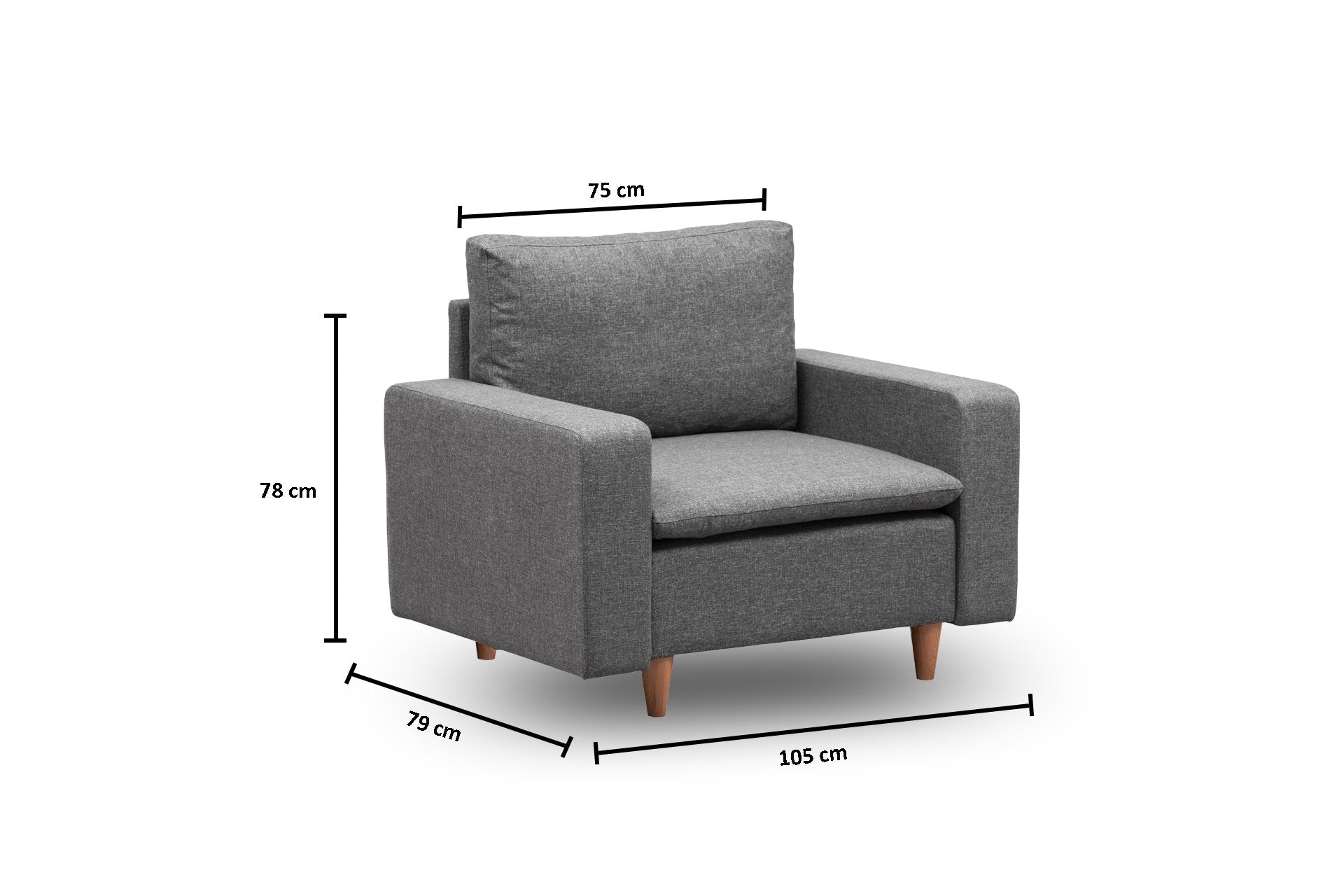 Poltrona moderna, cinza escuro, 105 cm de largura | Estrutura 100% metal, tecido 100% poliéster, espuma de alto DNS e almofada de fibra de silicone | Elegante para casa e hotel