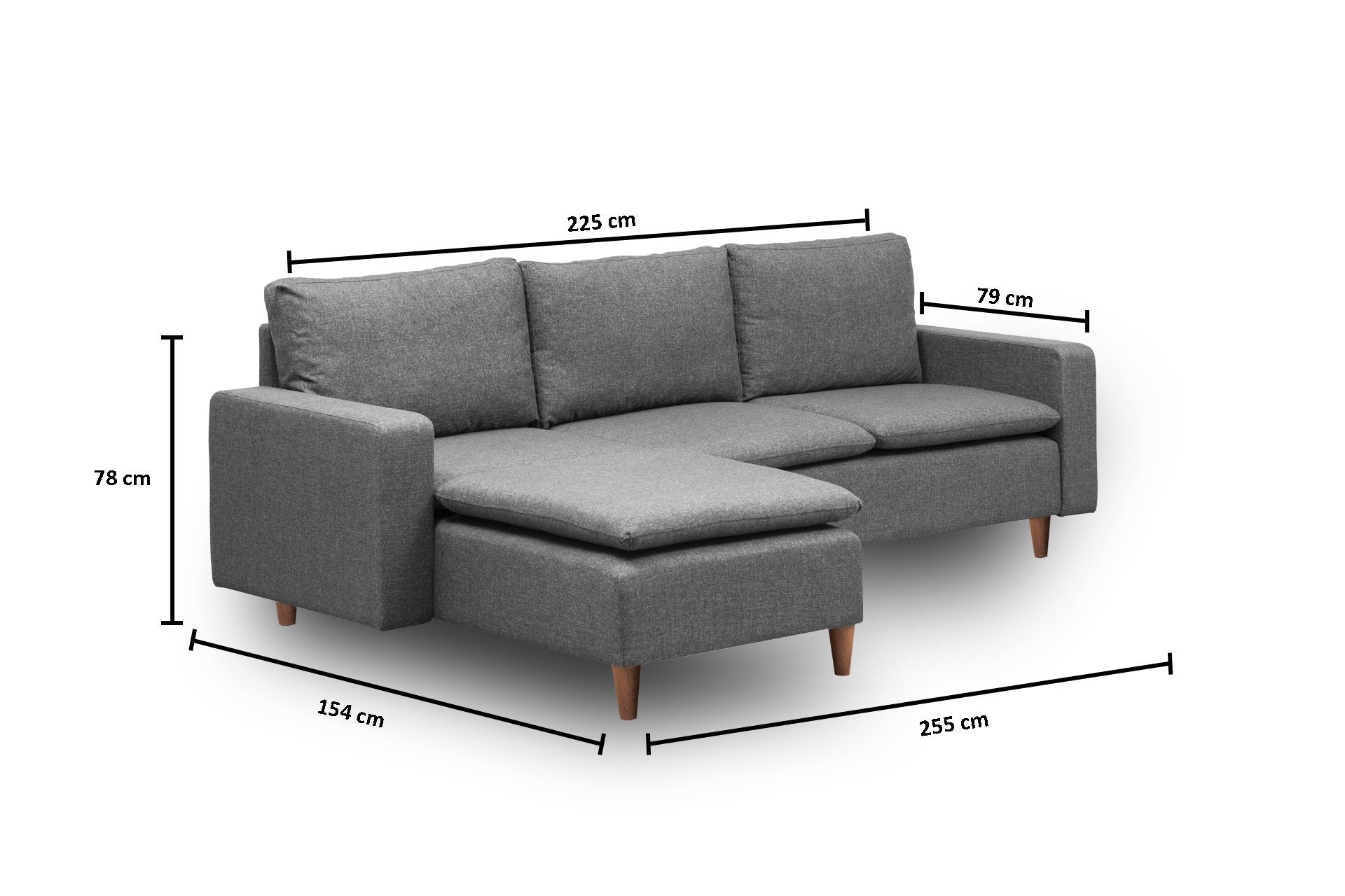 Sofá de canto moderno, cinza escuro, 255 cm de largura | Estrutura 100% metálica, tecido 100% poliéster | Almofadas de espuma de alto DNS e fibra de silicone | Design elegante e funcional
