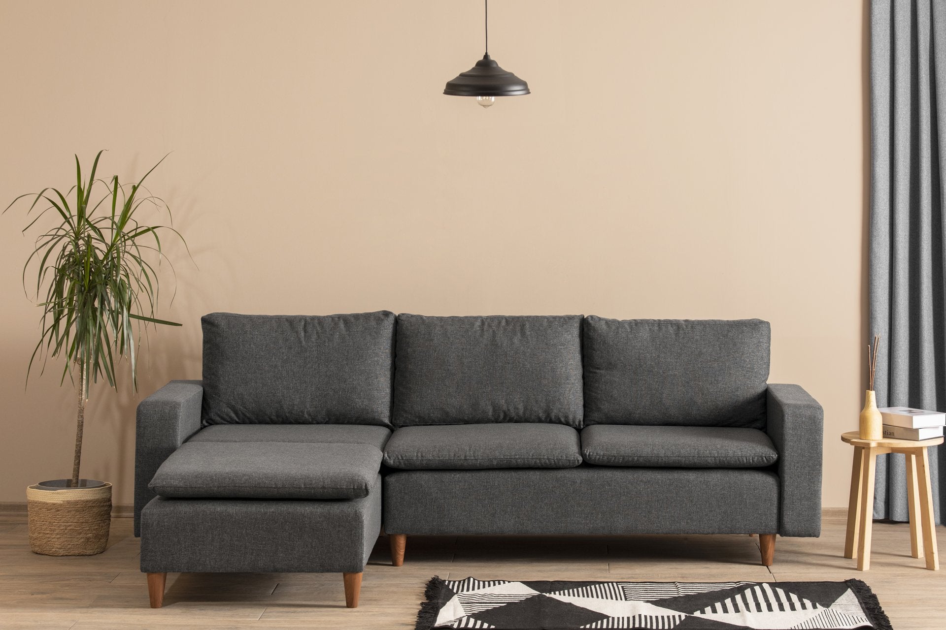 Sofá de canto moderno, cinza escuro, 255 cm de largura | Estrutura 100% metálica, tecido 100% poliéster | Almofadas de espuma de alto DNS e fibra de silicone | Design elegante e funcional