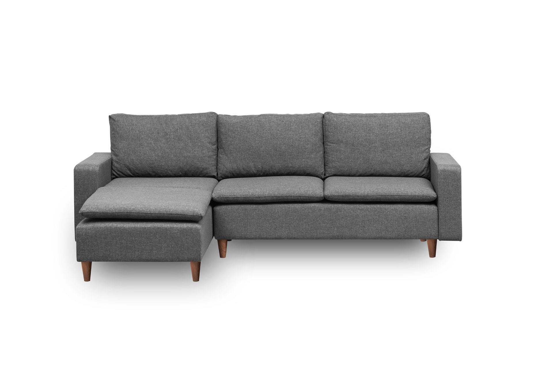 Sofá de canto moderno, cinza escuro, 255 cm de largura | Estrutura 100% metálica, tecido 100% poliéster | Almofadas de espuma de alto DNS e fibra de silicone | Design elegante e funcional