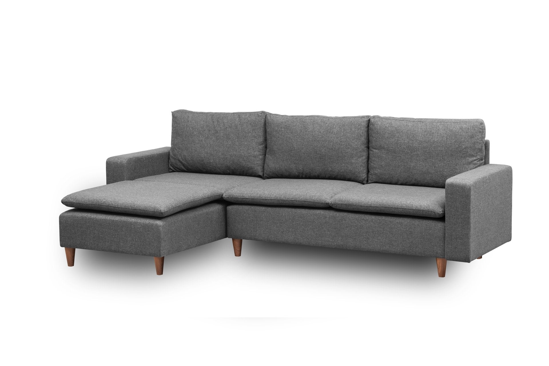 Sofá de canto moderno, cinza escuro, 255 cm de largura | Estrutura 100% metálica, tecido 100% poliéster | Almofadas de espuma de alto DNS e fibra de silicone | Design elegante e funcional