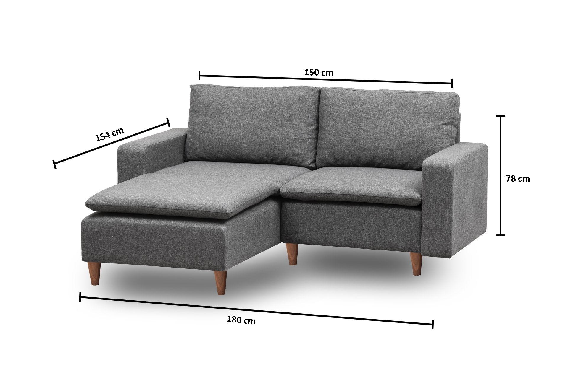 Sofá de canto moderno, cinza escuro, 180 cm de largura | Estrutura 100% metal, tecido 100% poliéster | Almofadas de espuma de alto DNS e fibra de silicone | Elegante e funcional