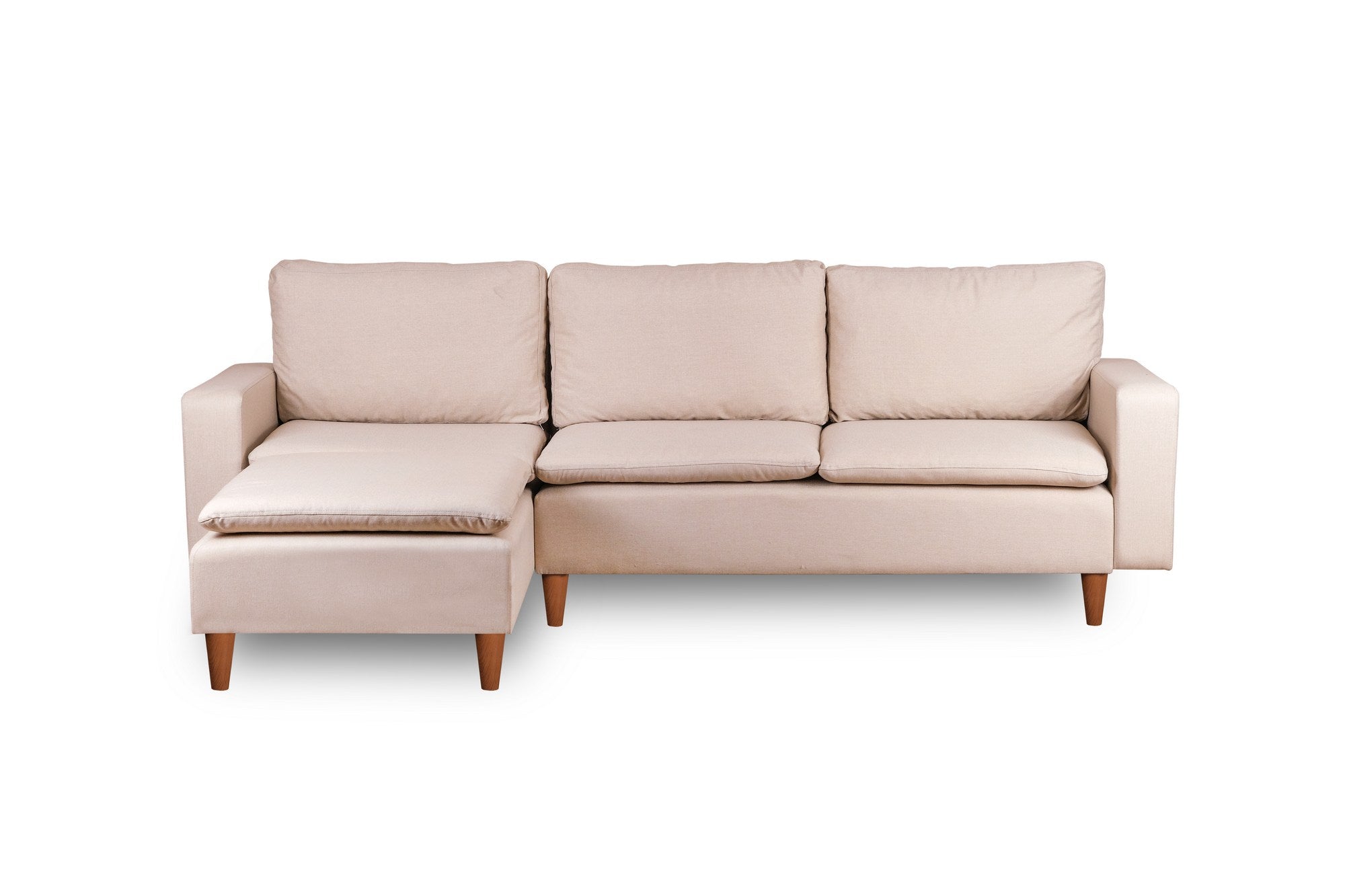 Sofá de canto elegante em tom creme, estrutura 100% metálica, 225 cm de largura, chaise longue de 154 cm, almofadas de espuma de alto DNS e fibra de silicone | Perfeito para salas de estar modernas