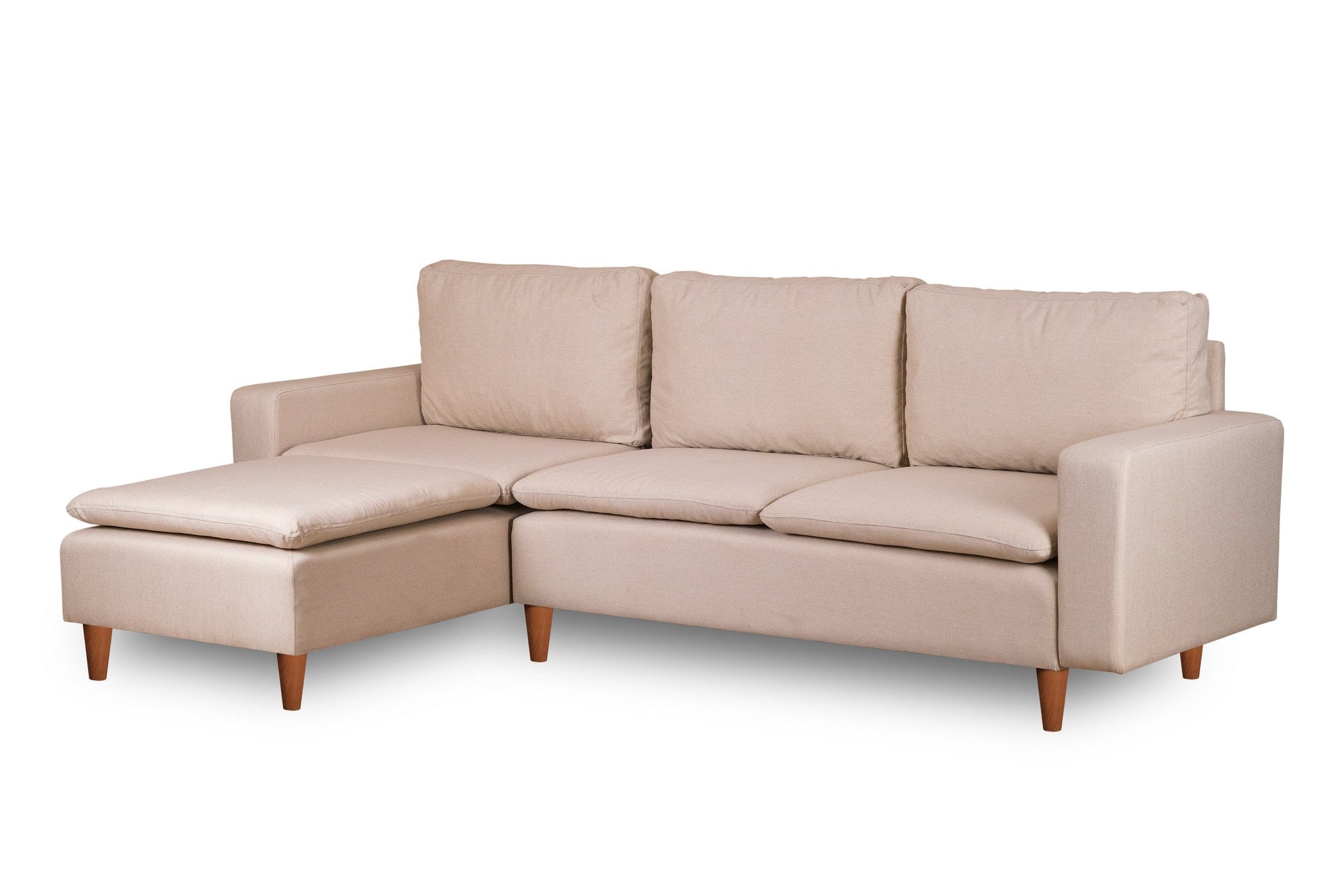 Sofá de canto elegante em tom creme, estrutura 100% metálica, 225 cm de largura, chaise longue de 154 cm, almofadas de espuma de alto DNS e fibra de silicone | Perfeito para salas de estar modernas