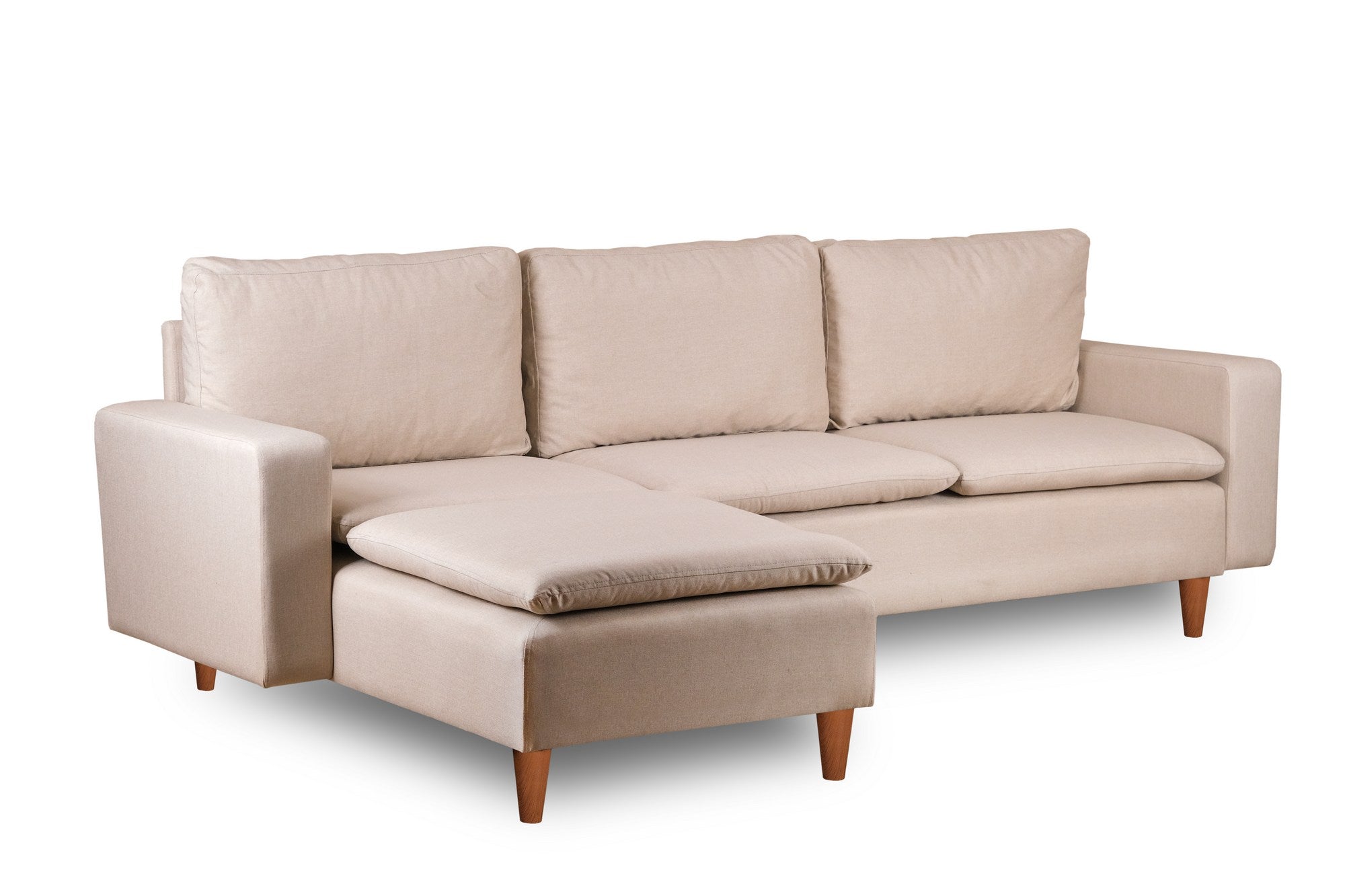 Sofá de canto elegante em tom creme, estrutura 100% metálica, 225 cm de largura, chaise longue de 154 cm, almofadas de espuma de alto DNS e fibra de silicone | Perfeito para salas de estar modernas