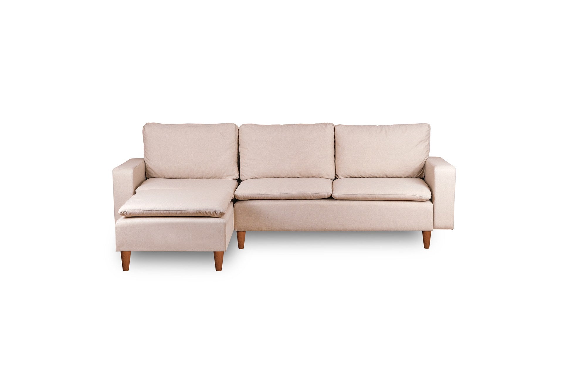 Sofá de canto elegante em tom creme, estrutura 100% metálica, 225 cm de largura, chaise longue de 154 cm, almofadas de espuma de alto DNS e fibra de silicone | Perfeito para salas de estar modernas