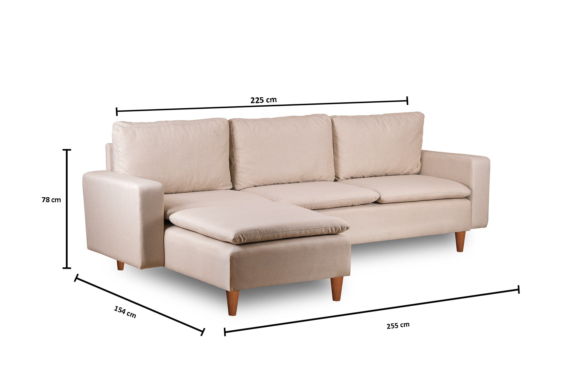 Sofá de canto elegante em tom creme, estrutura 100% metálica, 225 cm de largura, chaise longue de 154 cm, almofadas de espuma de alto DNS e fibra de silicone | Perfeito para salas de estar modernas