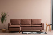 Sofá de canto elegante, marrom claro, 255 cm de largura | Estrutura 100% metal, tecido 100% poliéster | Chaise longue e cama confortáveis, perfeitos para salas de estar modernas