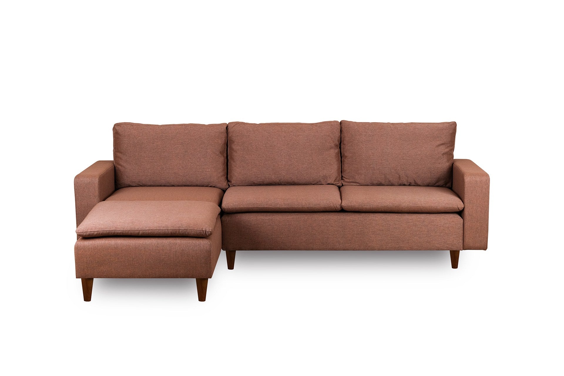 Sofá de canto elegante, marrom claro, 255 cm de largura | Estrutura 100% metal, tecido 100% poliéster | Chaise longue e cama confortáveis, perfeitos para salas de estar modernas
