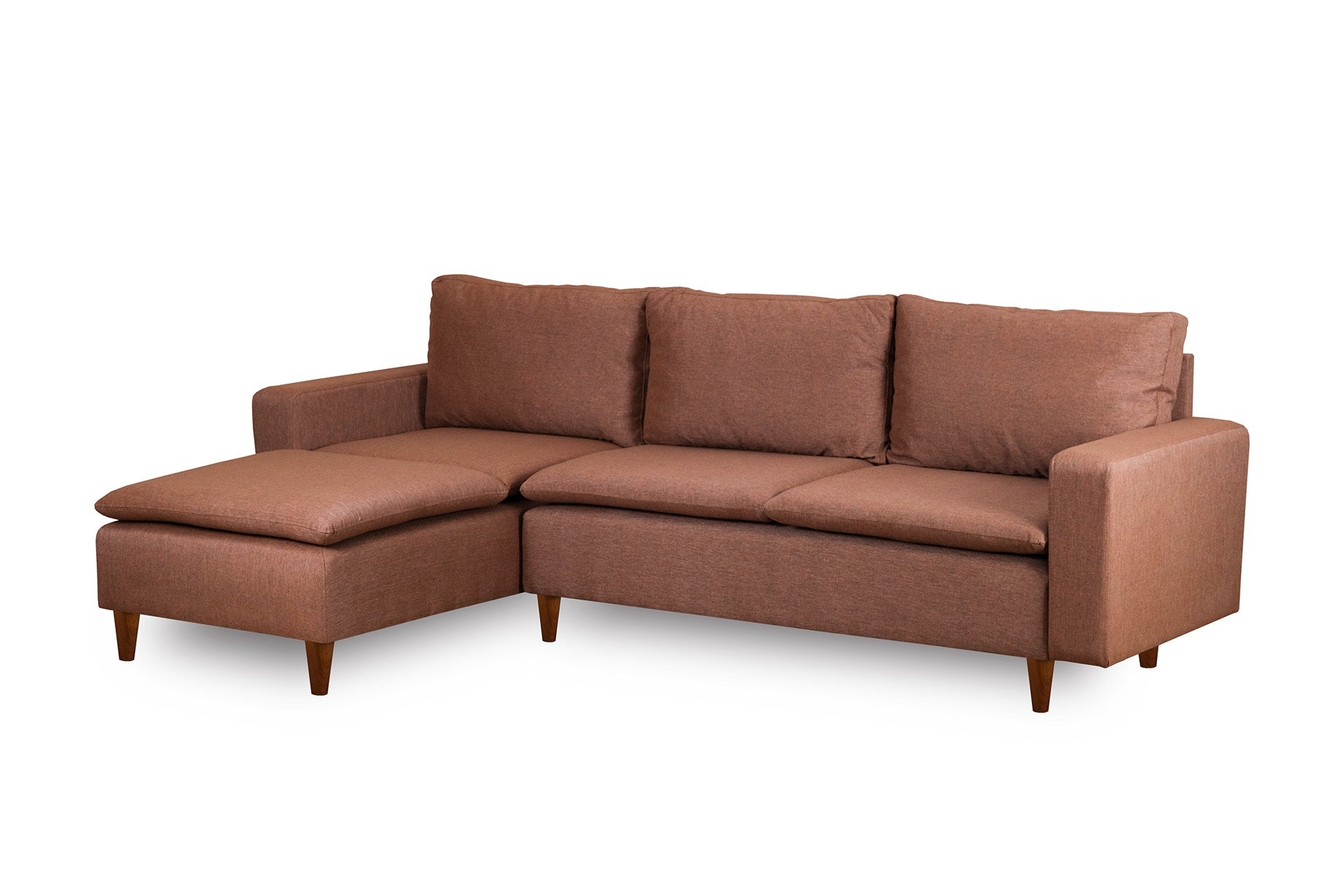 Sofá de canto elegante, marrom claro, 255 cm de largura | Estrutura 100% metal, tecido 100% poliéster | Chaise longue e cama confortáveis, perfeitos para salas de estar modernas
