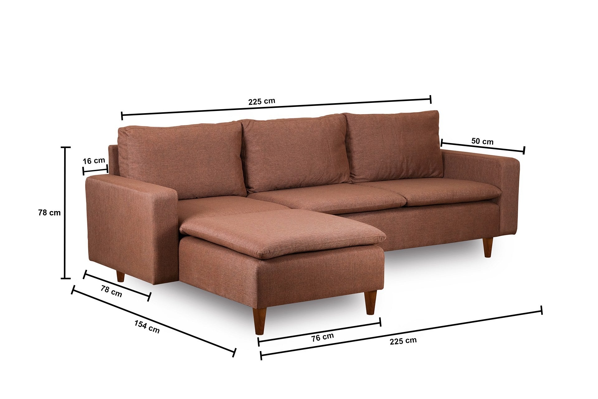 Sofá de canto elegante, marrom claro, 255 cm de largura | Estrutura 100% metal, tecido 100% poliéster | Chaise longue e cama confortáveis, perfeitos para salas de estar modernas