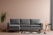 Sofá de canto elegante, cinza claro, 255 cm de largura | Estrutura 100% metal, tecido 100% poliéster | Chaise longue e cama confortáveis, perfeitos para salas de estar modernas