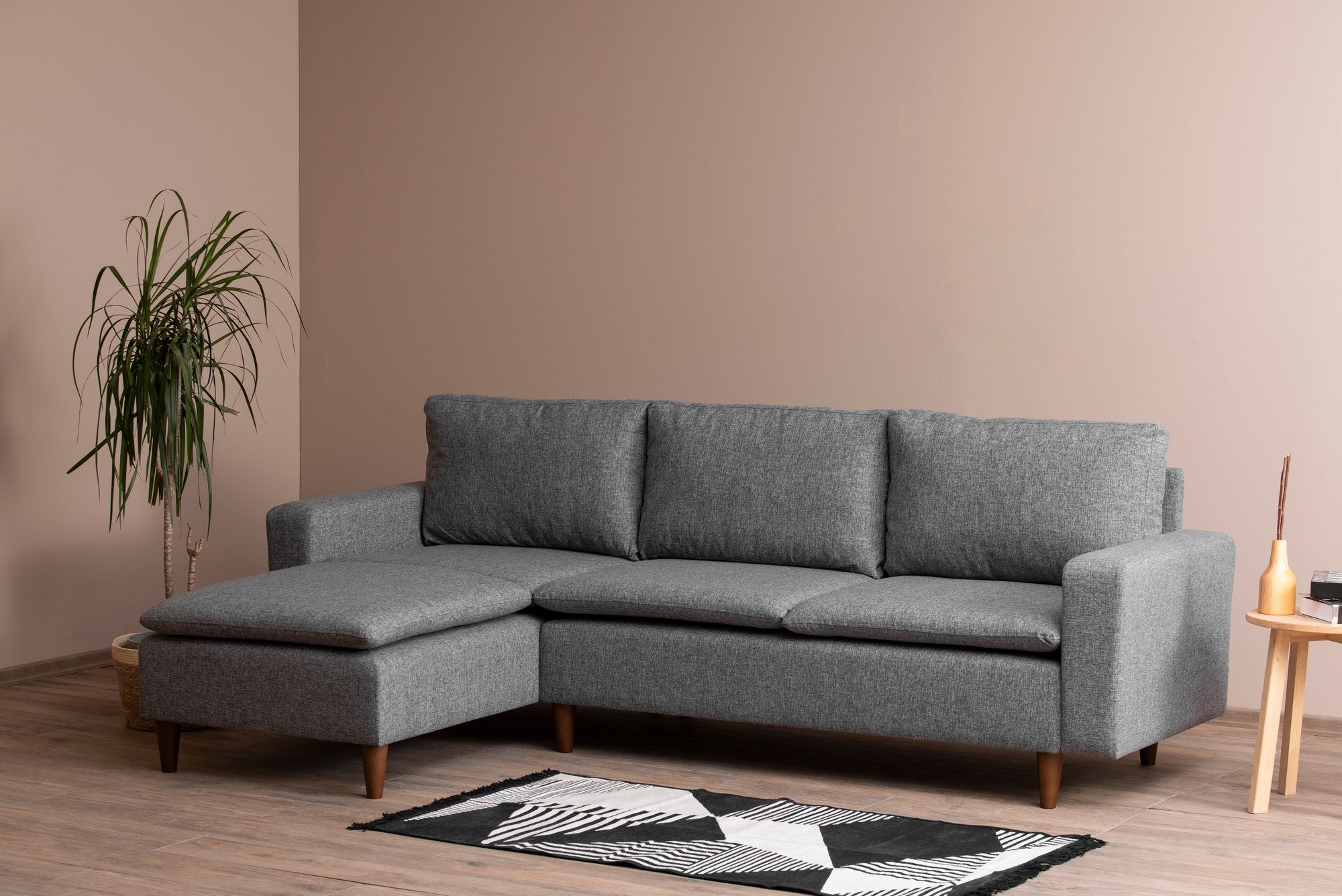 Sofá de canto elegante, cinza claro, 255 cm de largura | Estrutura 100% metal, tecido 100% poliéster | Chaise longue e cama confortáveis, perfeitos para salas de estar modernas