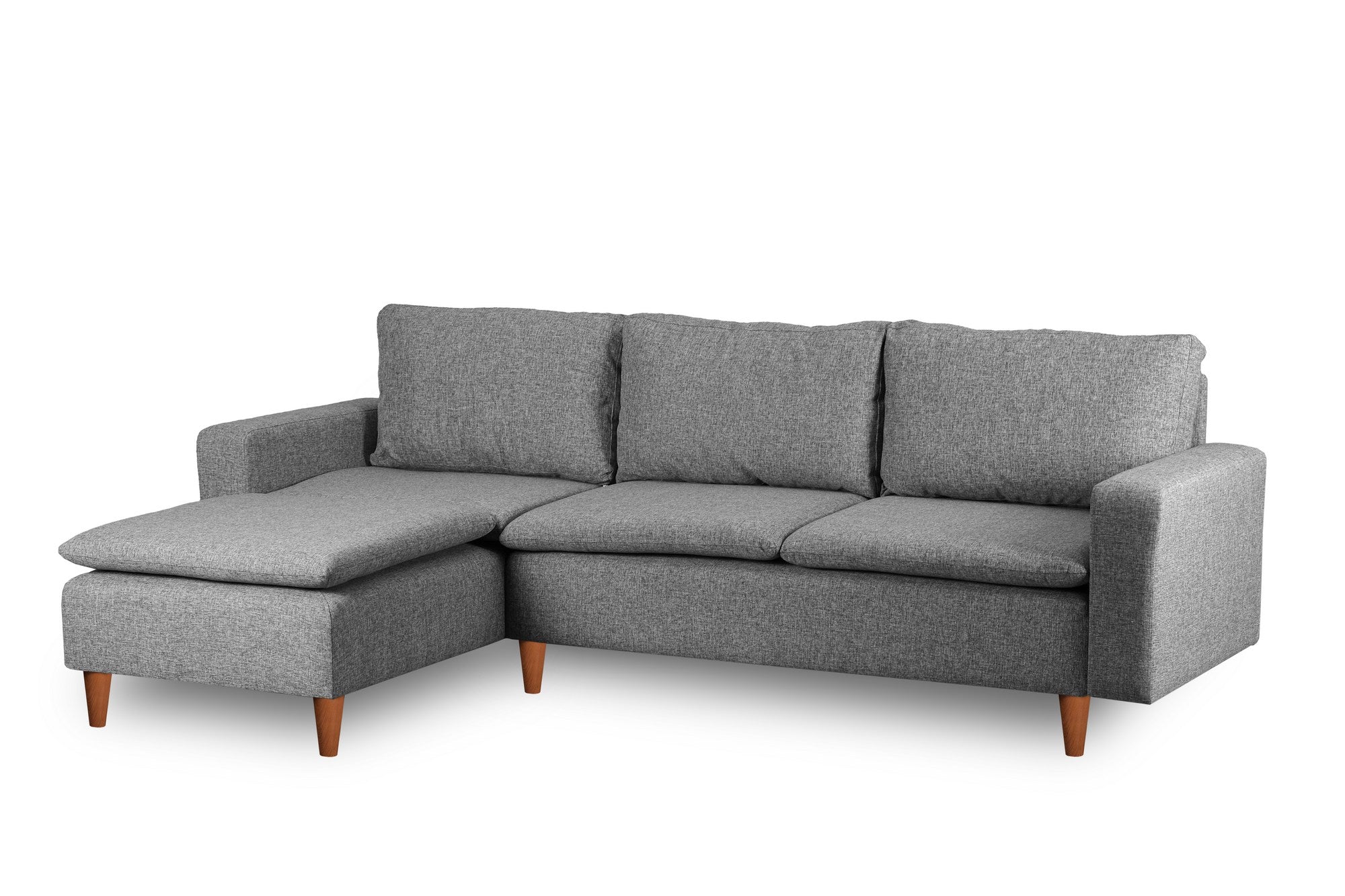 Sofá de canto elegante, cinza claro, 255 cm de largura | Estrutura 100% metal, tecido 100% poliéster | Chaise longue e cama confortáveis, perfeitos para salas de estar modernas