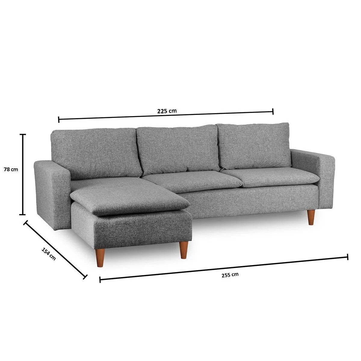 Sofá de canto elegante, cinza claro, 255 cm de largura | Estrutura 100% metal, tecido 100% poliéster | Chaise longue e cama confortáveis, perfeitos para salas de estar modernas