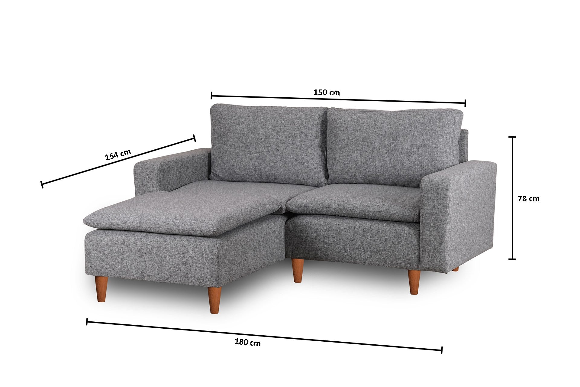 Sofá de canto elegante em cinza claro, estrutura 100% metálica, assento com 150 cm de largura, chaise longue com 154 cm de largura, almofadas de espuma de alto DNS e fibra de silicone | Perfeito para salas de estar modernas