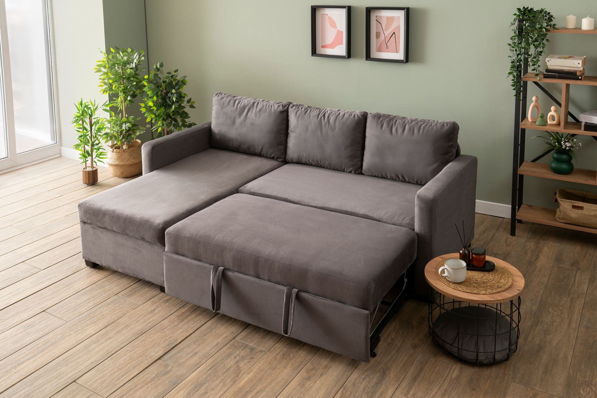 Sofá-cama de Canto – 140 cm x 190 cm – Cinza – Têxtil e Metal