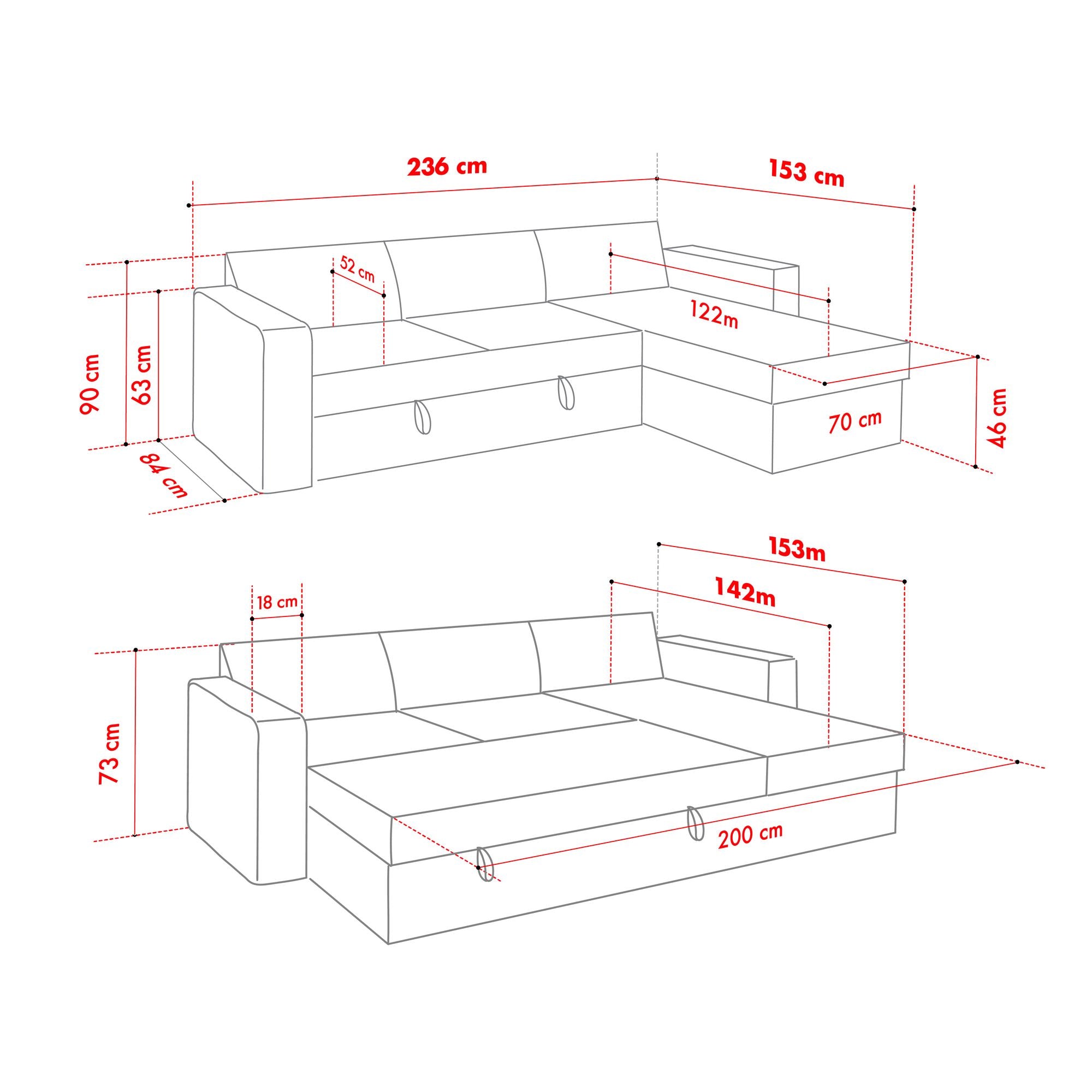 Sofá-cama de canto – 140 cm x 190 cm – Creme – Metal e Têxtil