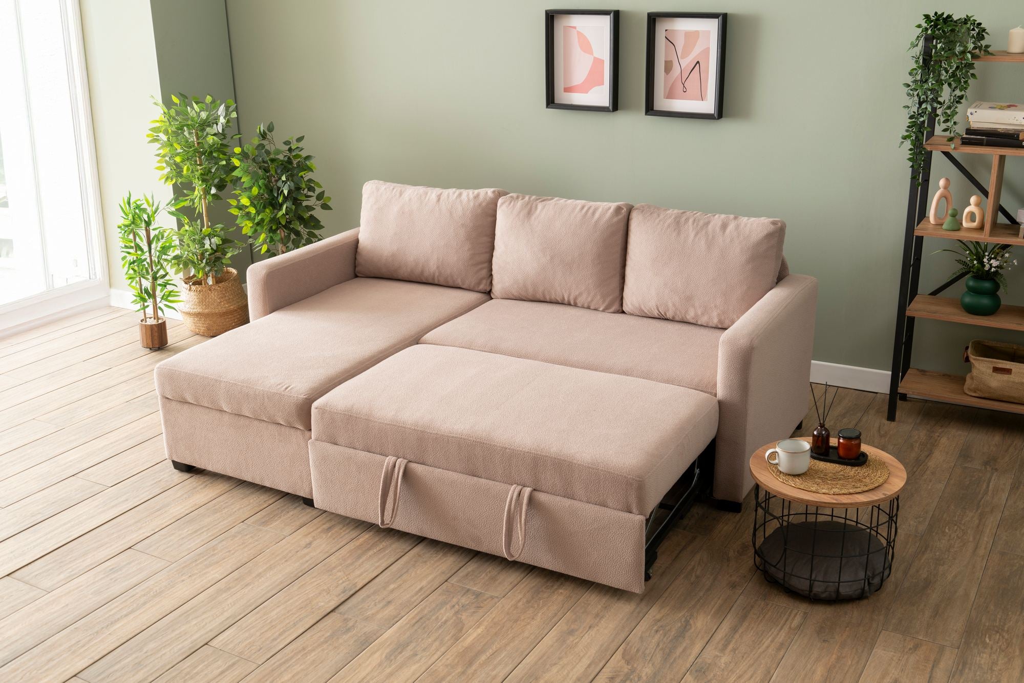 Sofá-Cama de Canto – 140 cm x 190 cm – Mink – Têxtil e Metal