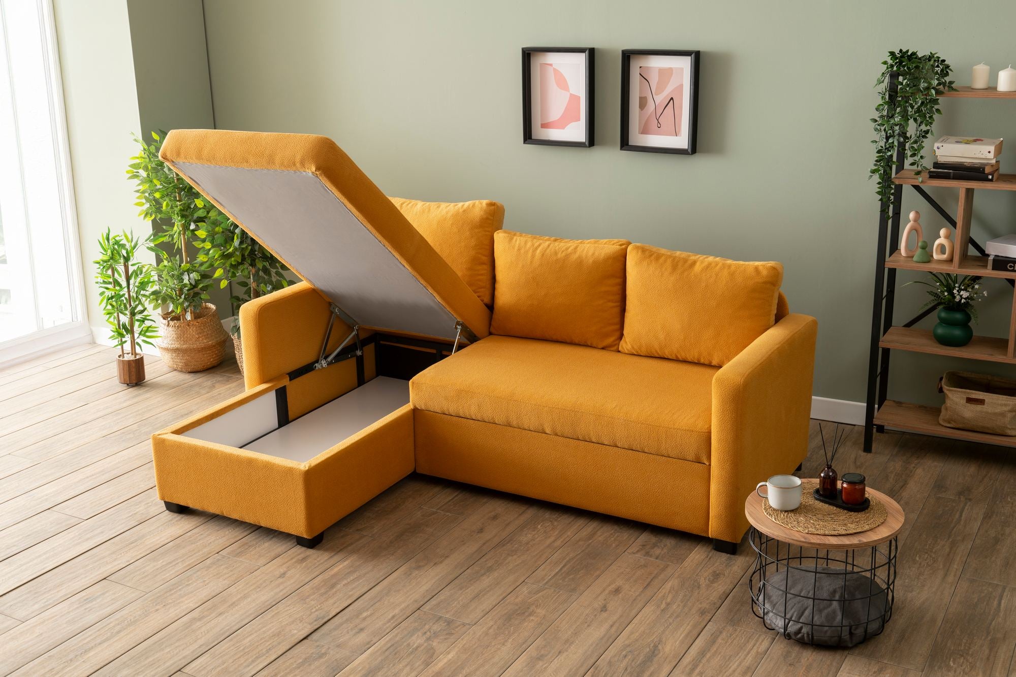 Sofá-Cama de Canto – 140 cm x 190 cm – Mostarda – Metal e Poliéster