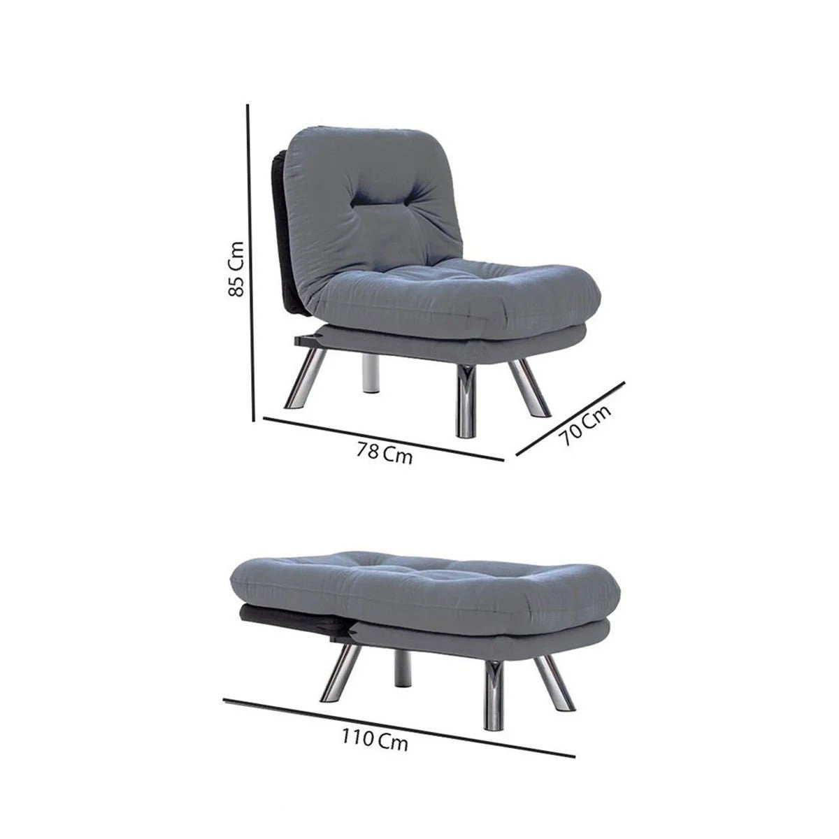 Sofá-cama moderno de 1 lugar – 110 x 70 cm – metálico – tecido macio