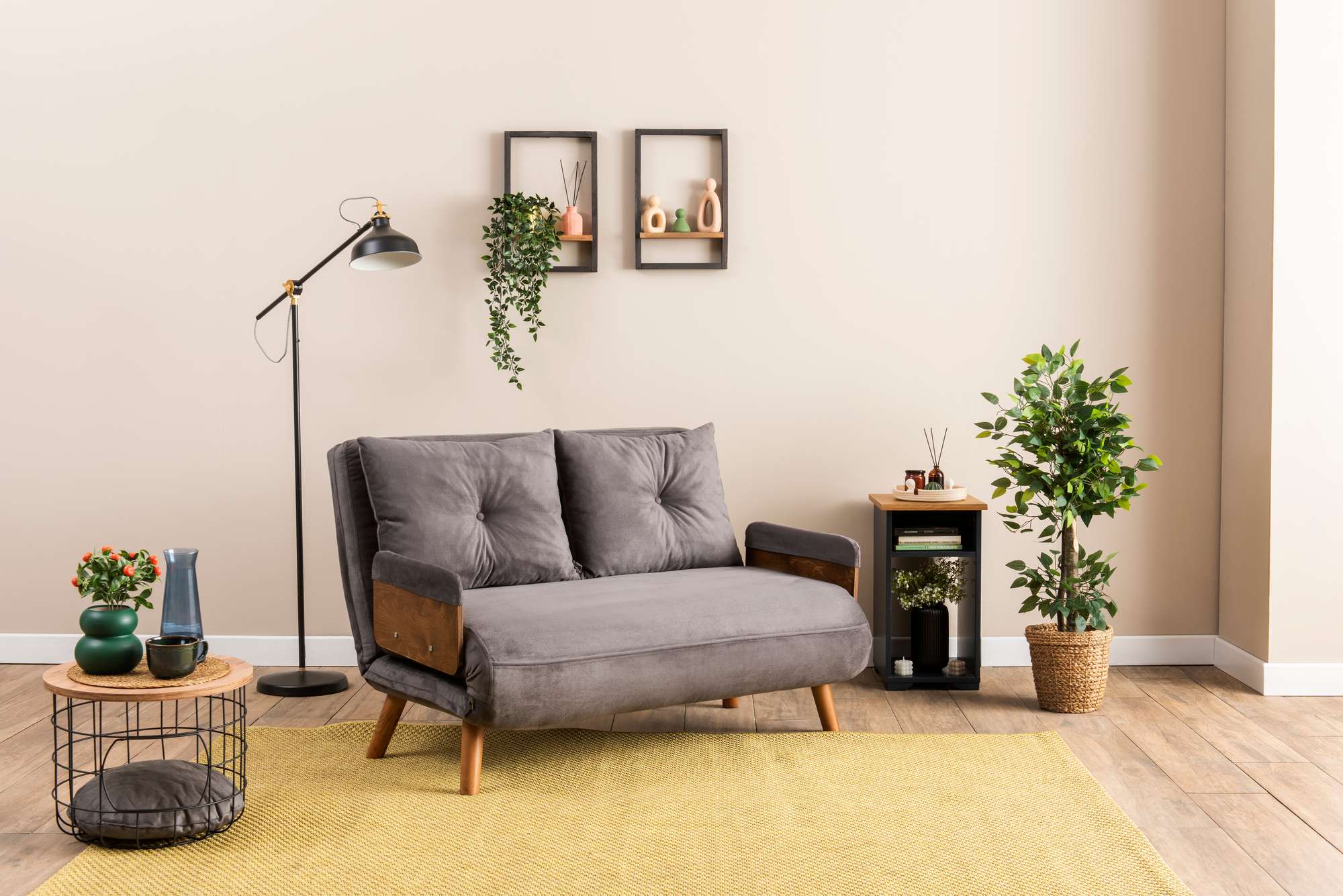 Sofá-cama moderno de 2 lugares – 78 x 120 x 82 cm – cinza – estrutura metálica e tecido de poliéster