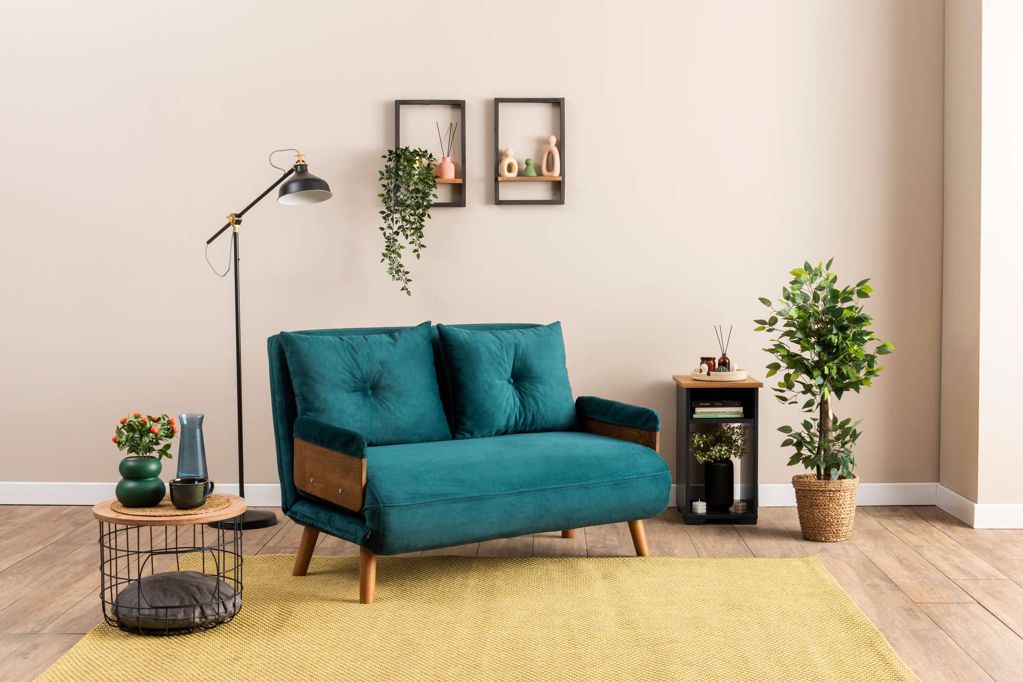 Sofá-cama moderno de 2 lugares – 78 x 120 x 82 cm – verde-petróleo – estrutura metálica