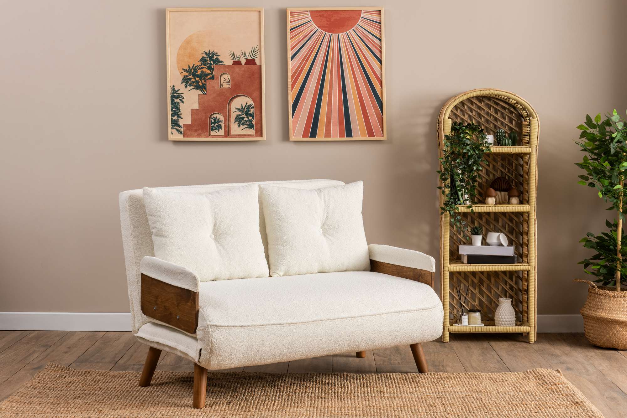 Sofá-cama moderno de 2 lugares – 78 x 120 x 82 cm – branco – metal e tecido