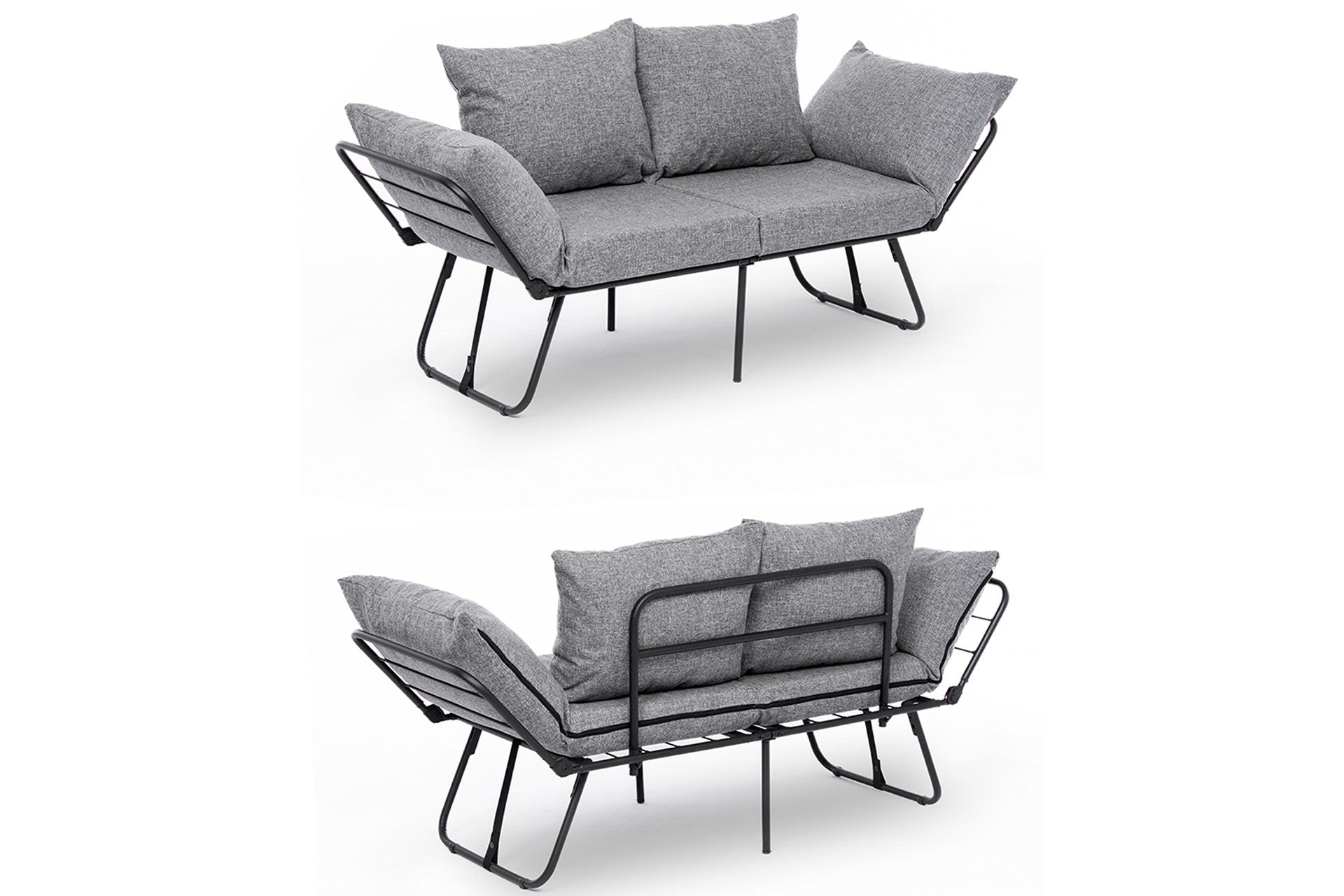 Sofá-Cama de 2 Lugares – 150 cm – Cinza Claro – Metal e Tecido de Linho
