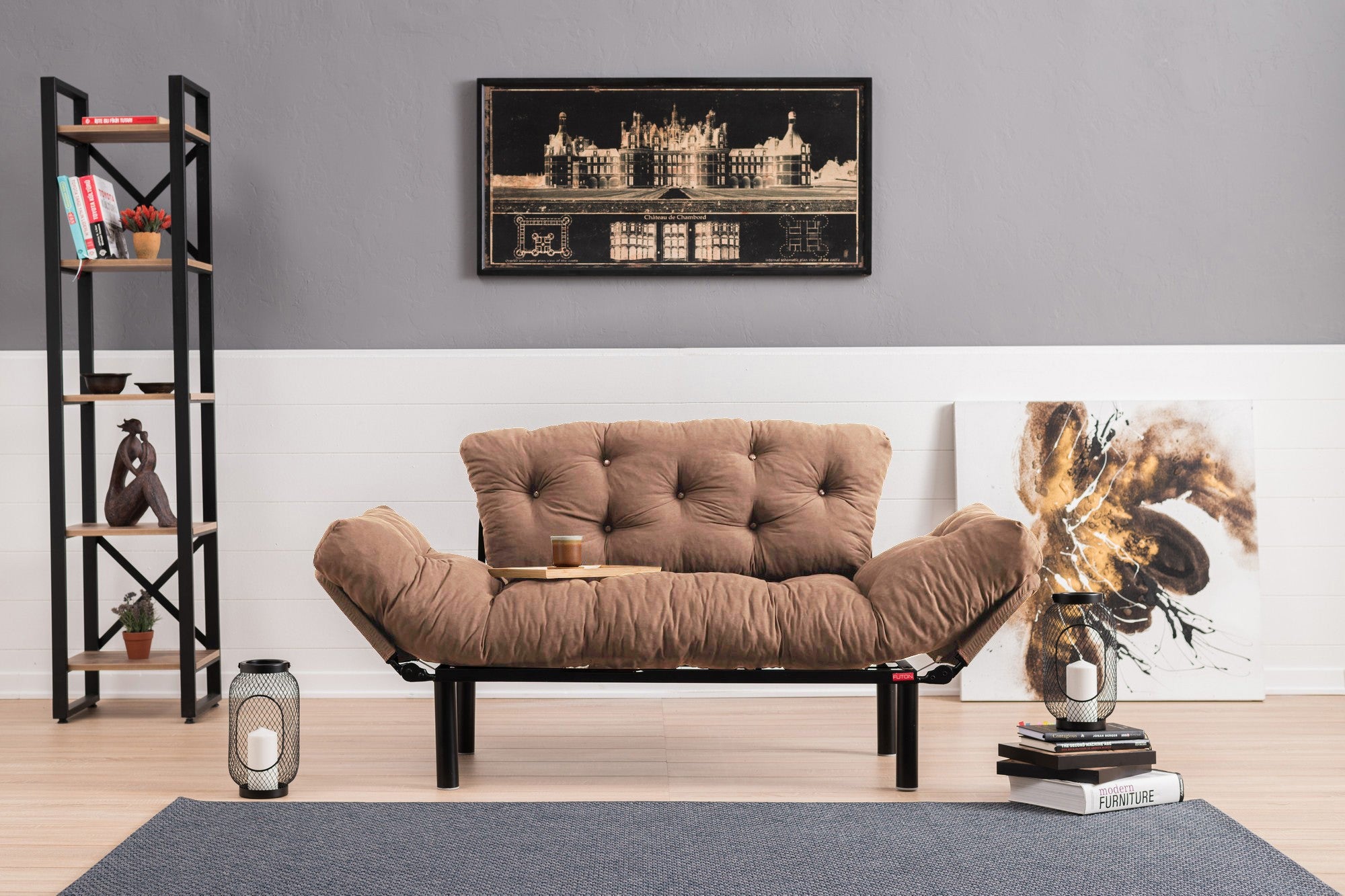 Sofá-cama de 2 lugares – 155 x 85 x 70 cm – Castanho claro – Estrutura metálica, tecido de microfibra