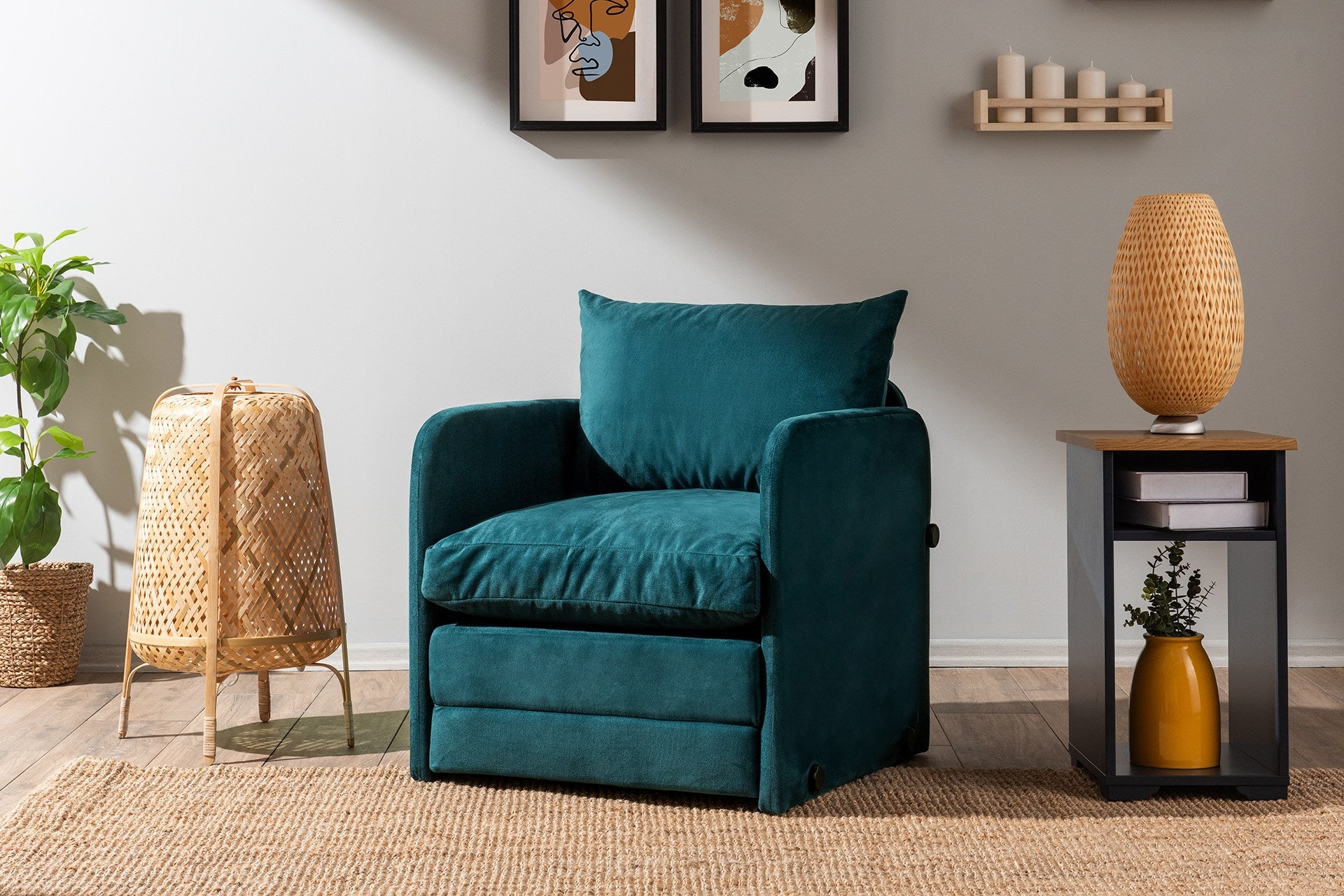 Sofá-cama de 1 lugar – 68 cm x 70 cm x 66 cm (sofá), 200 x 60 cm (cama) – Verde Petróleo – Metal e poliéster