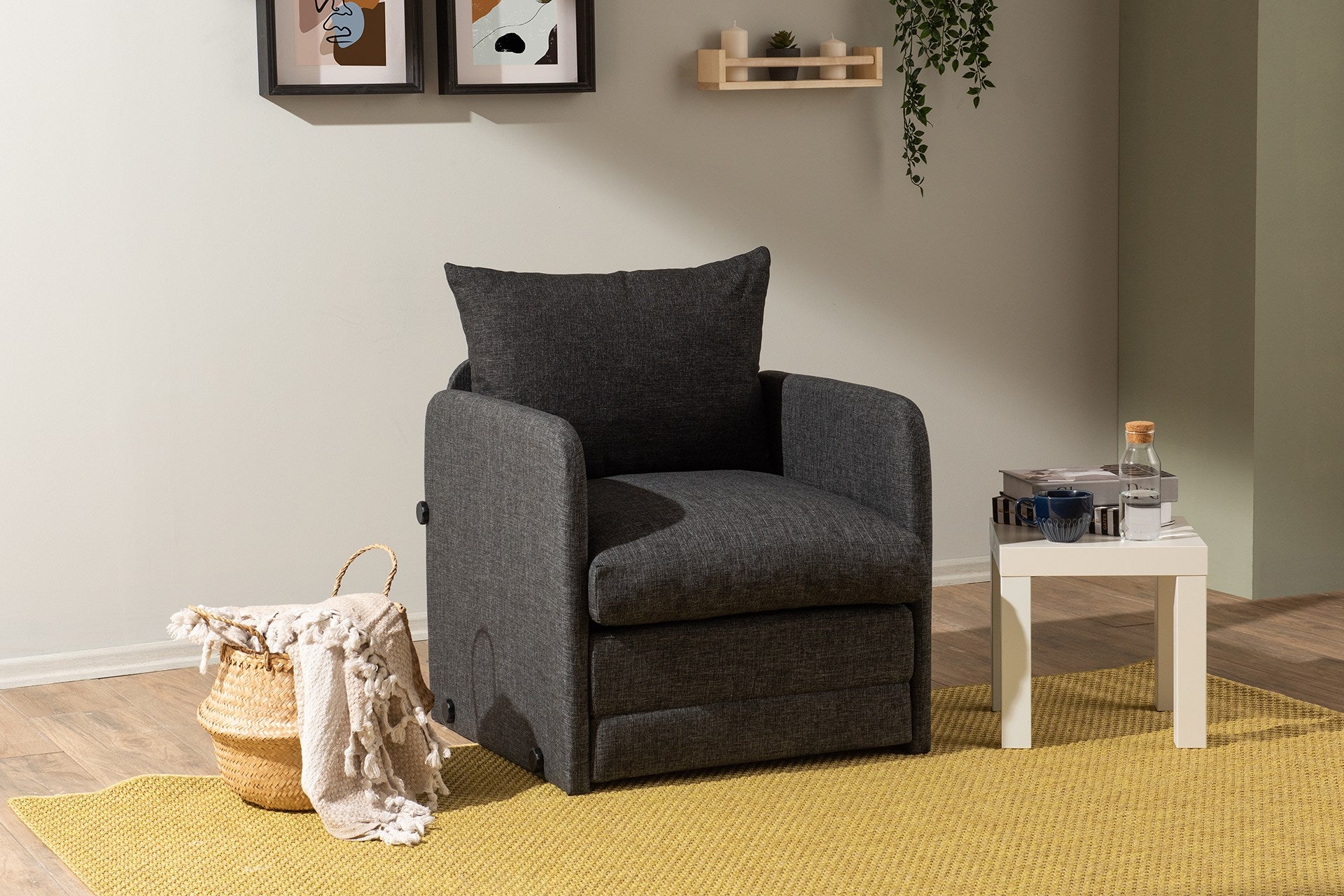Sofá-cama moderno de 1 lugar – 68 x 70 x 66 cm – Cinza escuro – Metal e linho