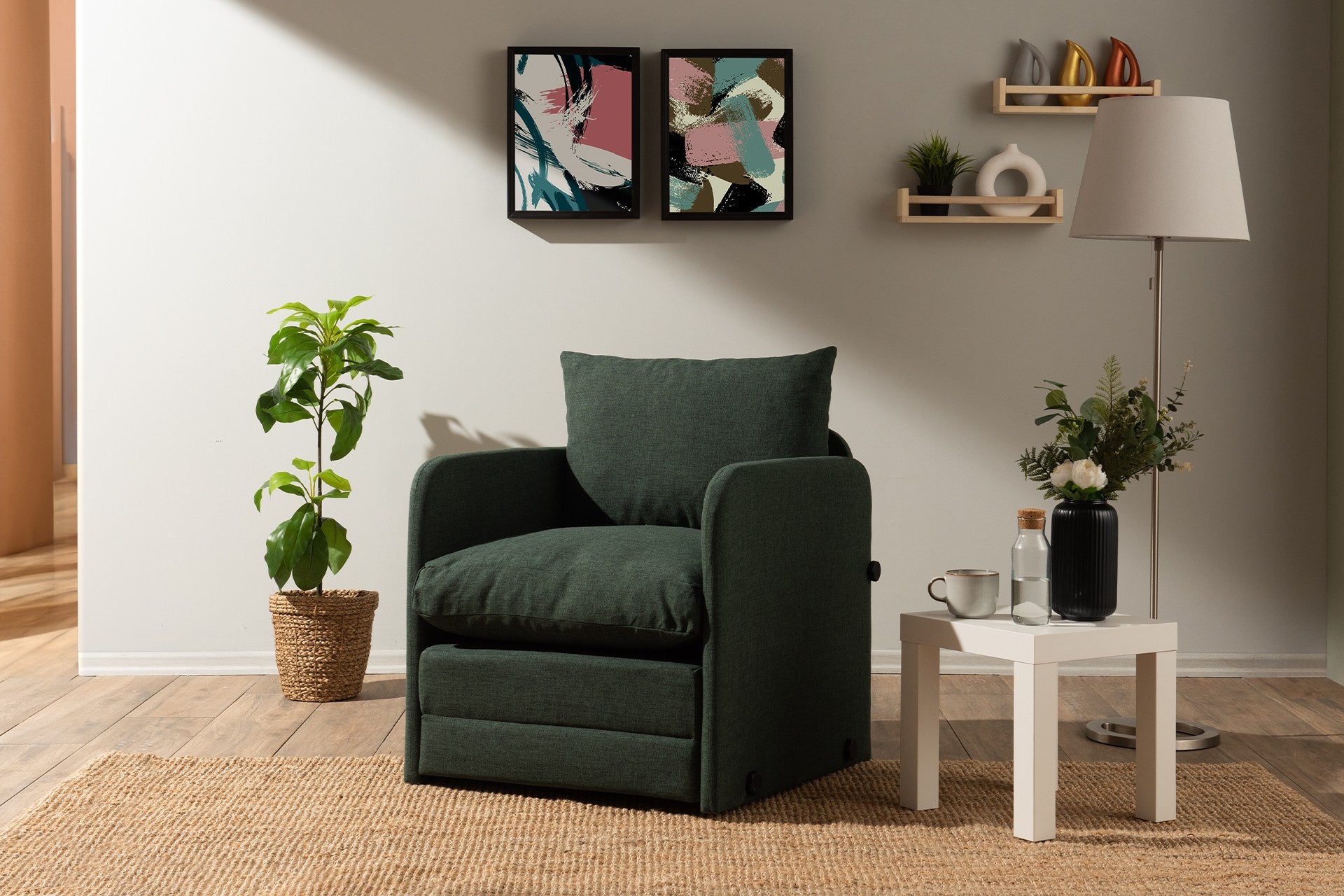 Sofá-cama de 1 lugar – 68 cm x 70 cm x 66 cm – Verde – Metal e Têxtil