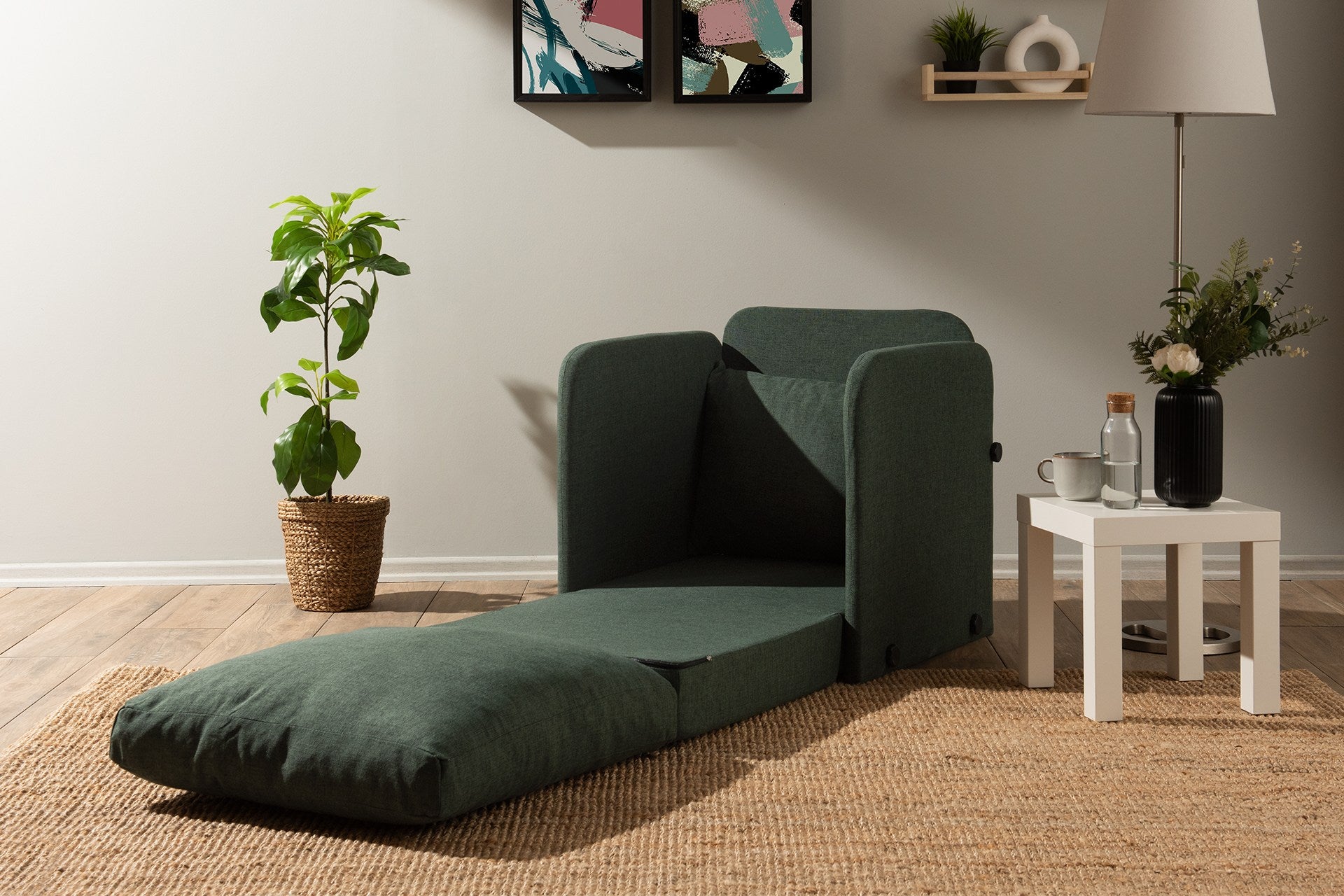 Sofá-cama de 1 lugar – 68 cm x 70 cm x 66 cm – Verde – Metal e Têxtil