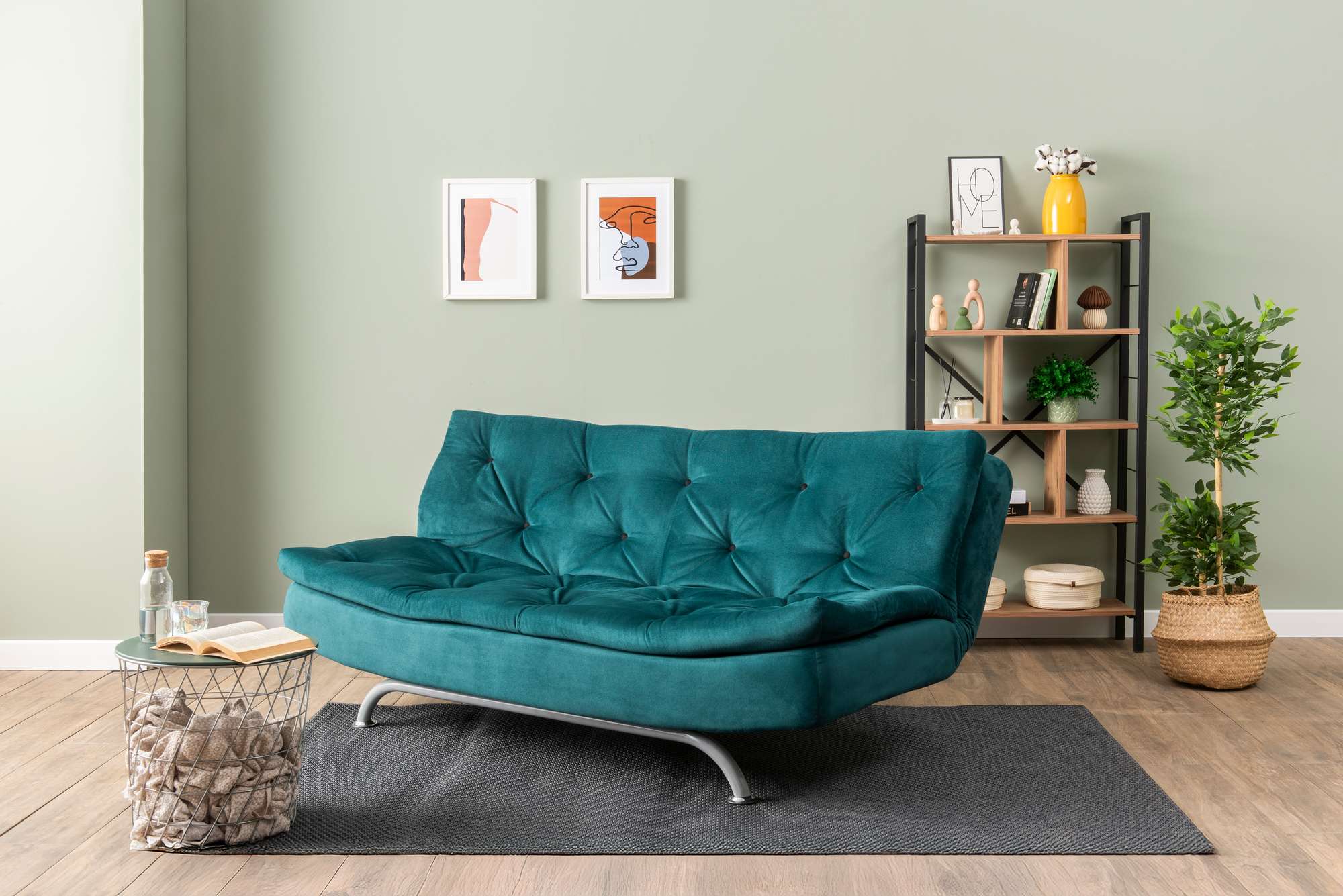 Sofá-cama elegante de 3 lugares – 63 x 185 x 82 cm – Verde Petróleo – Metal e Poliéster