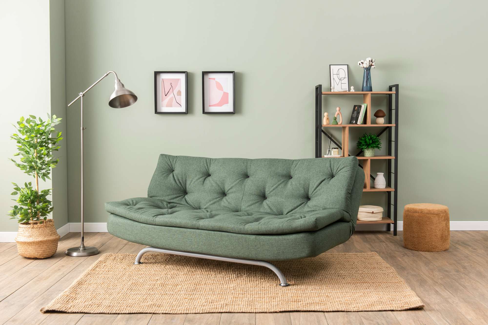 Sofá-cama elegante de 3 lugares – 63 x 185 x 82 cm – verde – metálico e poliéster
