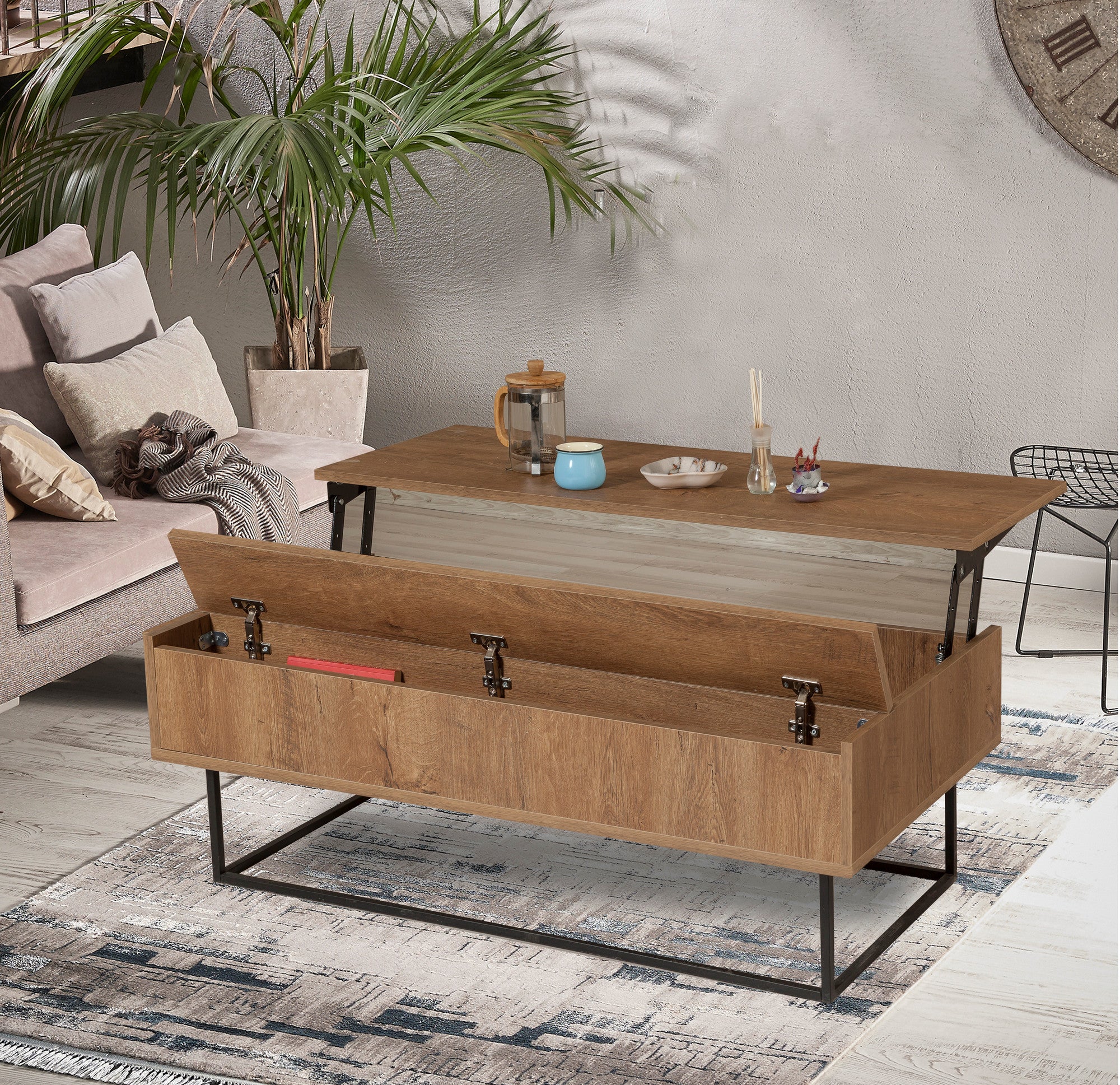 Mesa de Centro Industrial de 2 Andares – 120 x 60 x 43 cm – Nogueira e Preto – Painel de Partículas