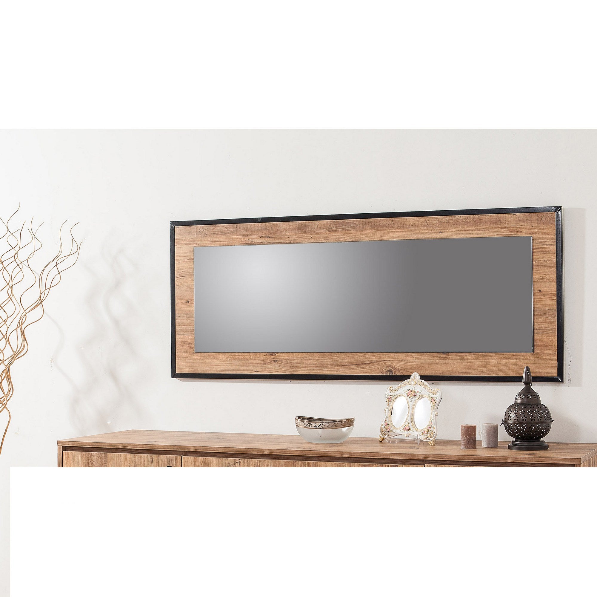 Espelho decorativo em aglomerado – 150 x 60 cm – Pinho Atlântico e Preto – Melamina