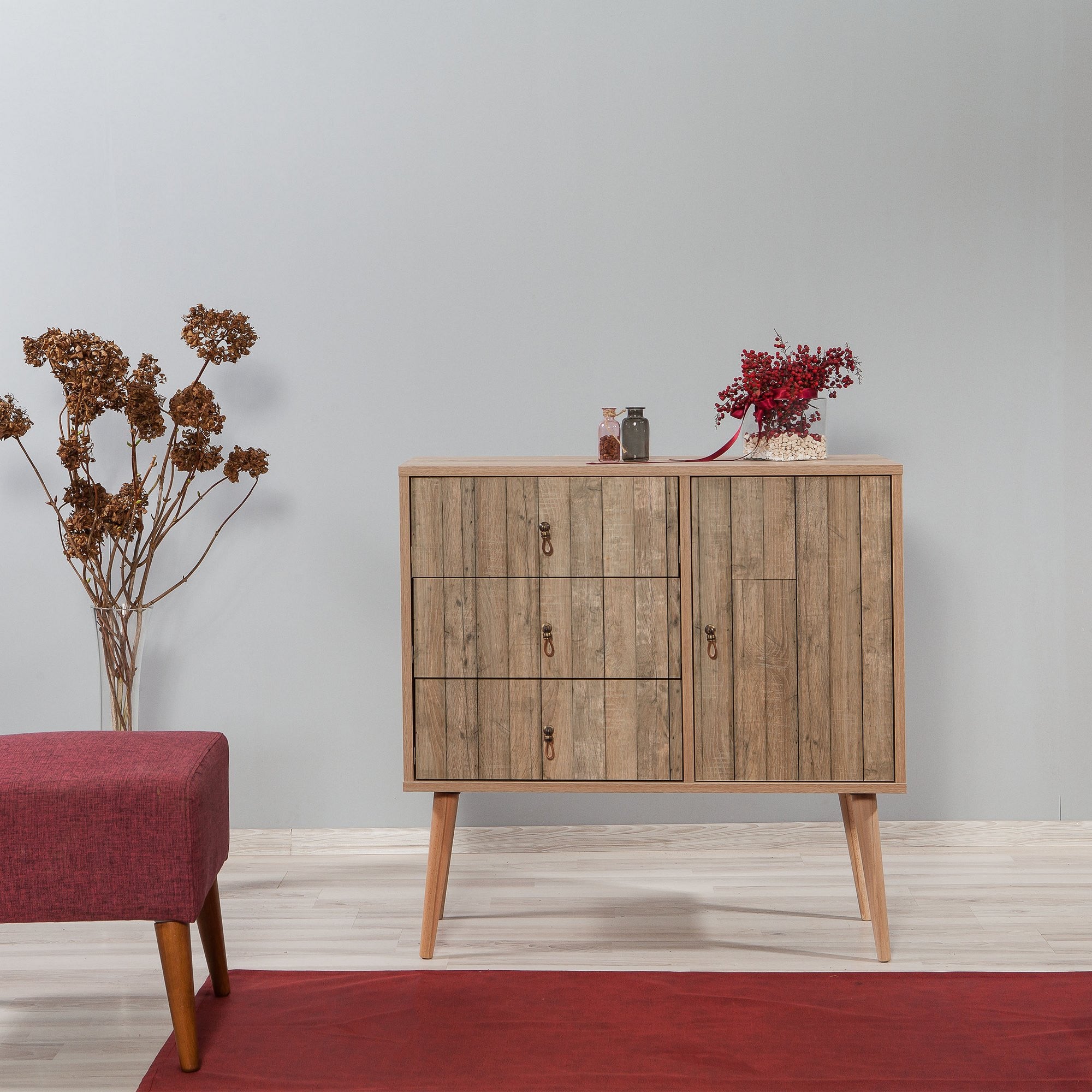 Cômoda moderna com 3 gavetas e prateleiras, carvalho Sonoma, 90 x 90 x 40 cm | Revestimento 100% melamina, pernas de madeira de carpa, revestimento UV | Solução de armazenamento elegante para qualquer cômodo