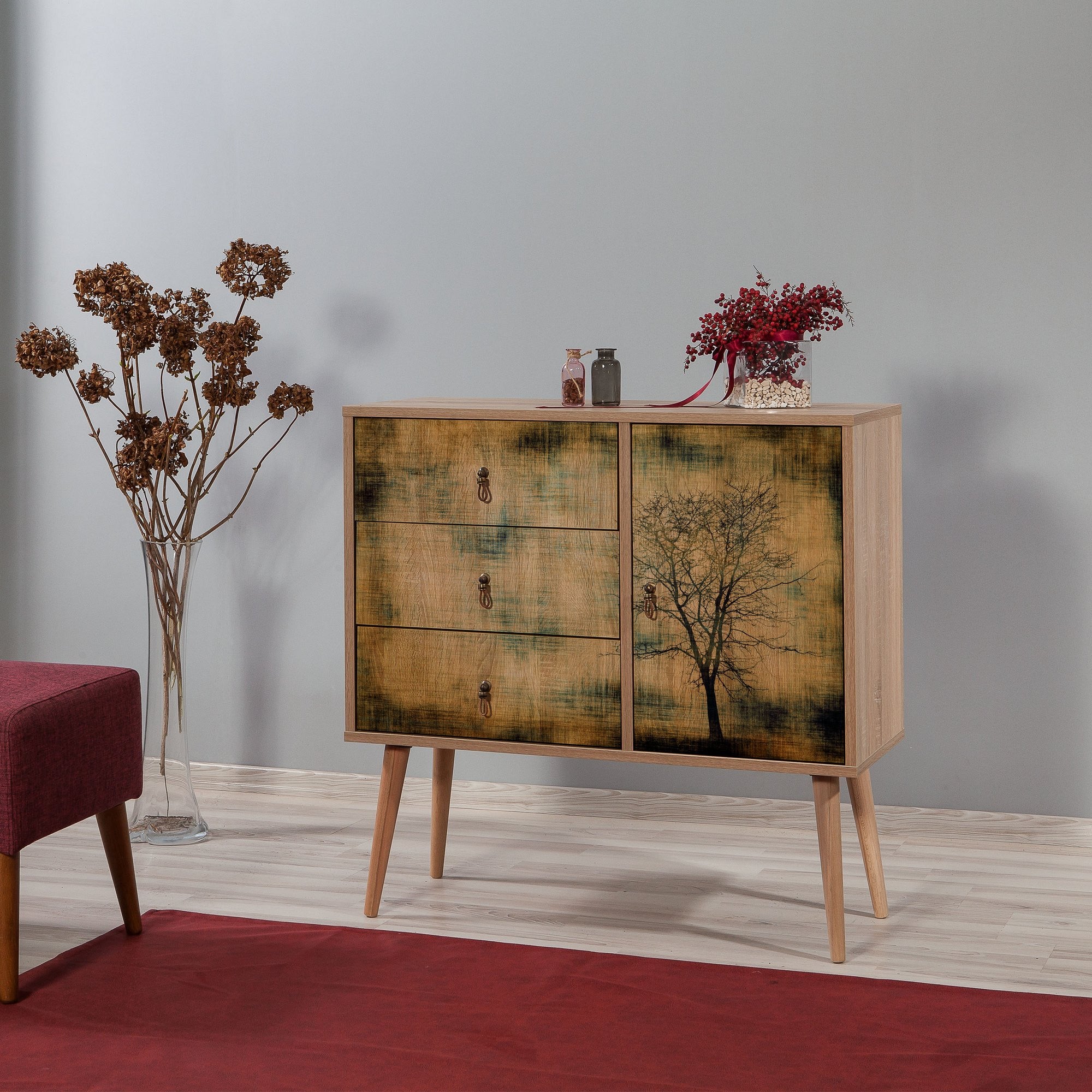 Cômoda elegante em carvalho Sonoma, 3 gavetas e prateleiras, 90x90x40 cm | Revestimento 100% melamina, pernas em madeira de carpa, revestimento UV | Design impressionista moderno para armazenamento com estilo