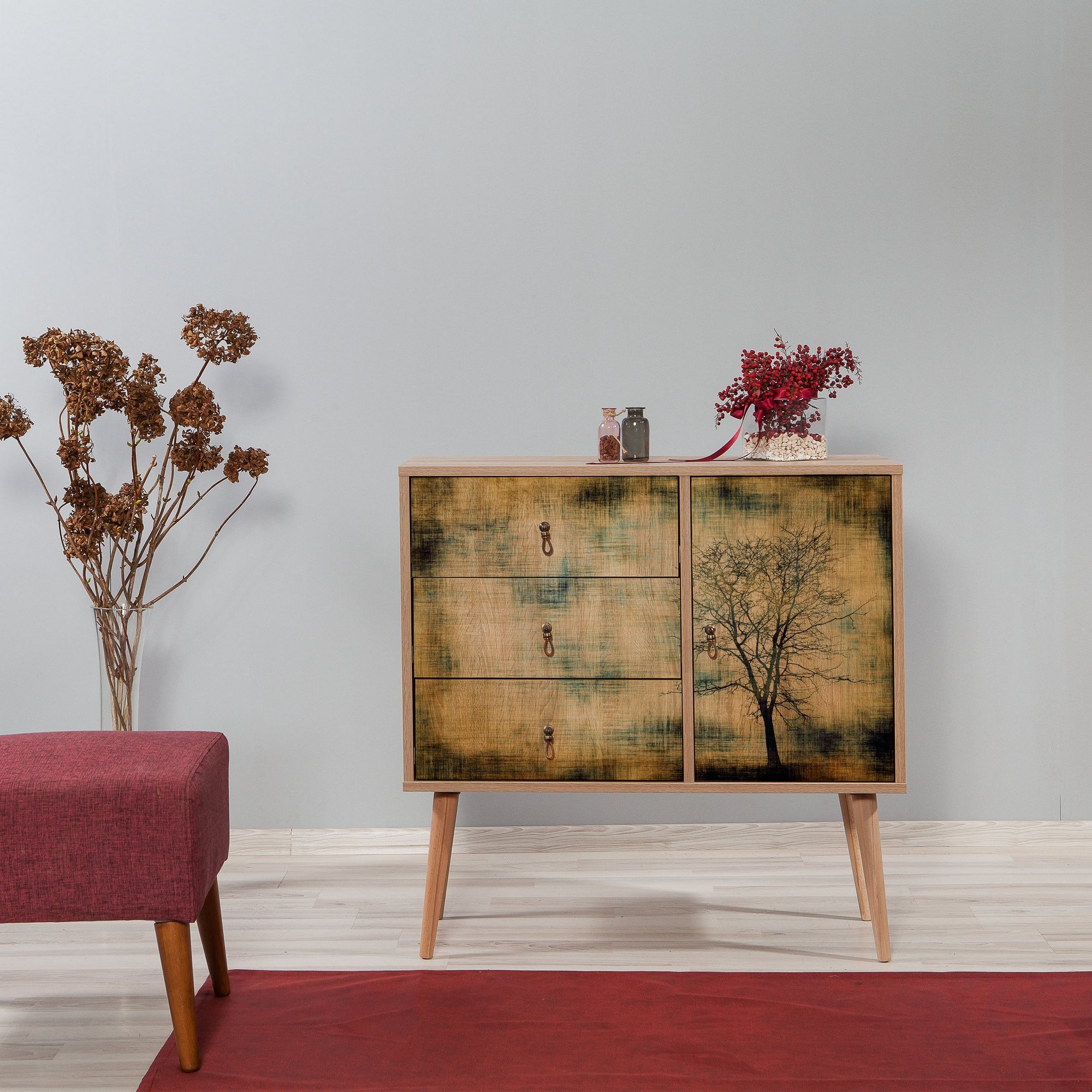 Cômoda elegante em carvalho Sonoma, 3 gavetas e prateleiras, 90x90x40 cm | Revestimento 100% melamina, pernas em madeira de carpa, revestimento UV | Design impressionista moderno para armazenamento com estilo