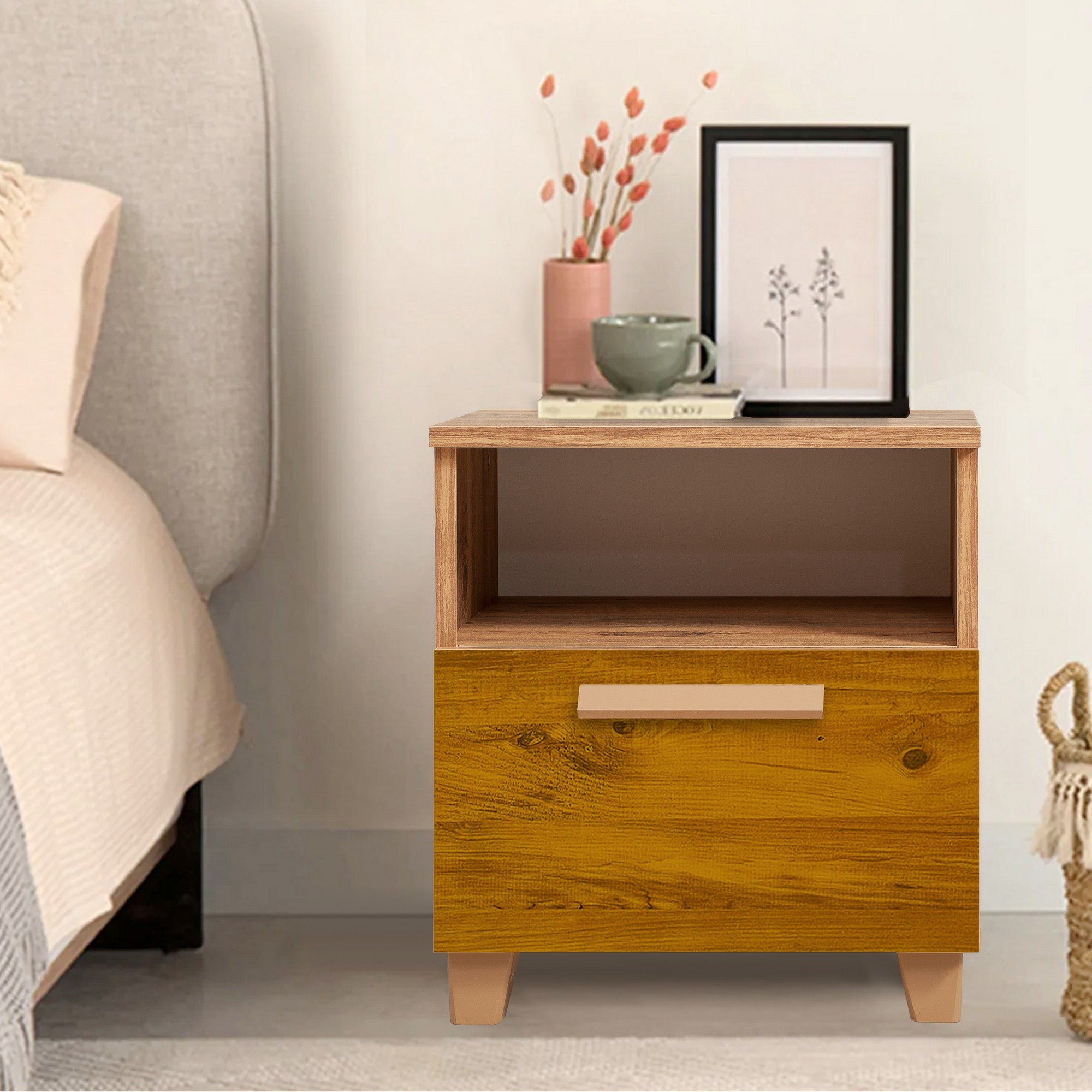 Mesa de cabeceira moderna – 45 x 52 x 40 cm – Pinho do Atlântico – Melamina