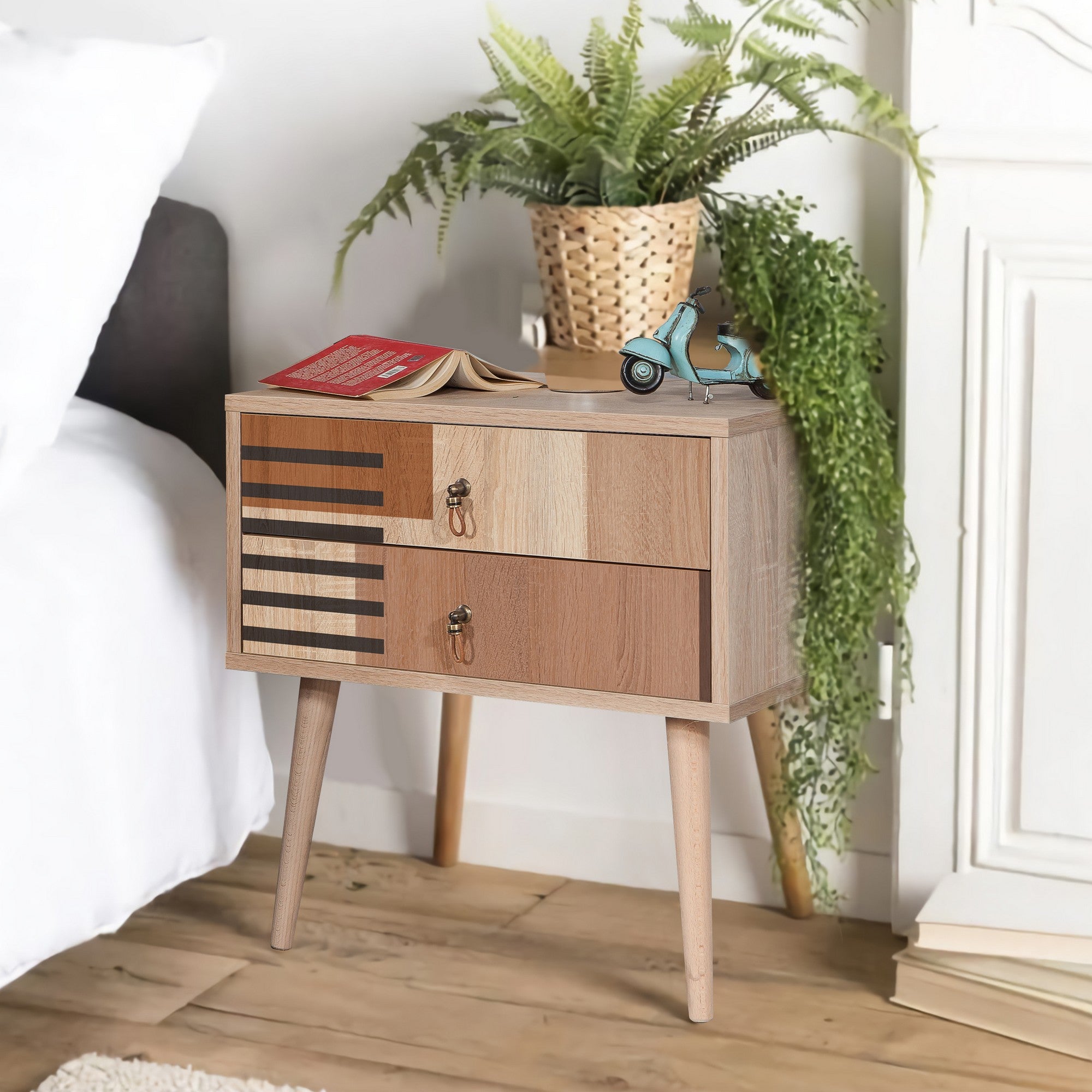 Mesa de cabeceira moderna – 60 cm x 61 cm x 40 cm – madeira – painel de partículas revestido em melamina