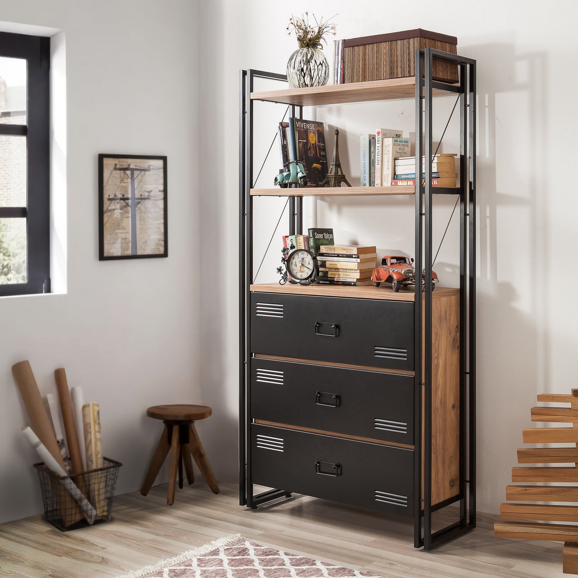 Estante Industrial – 90x180x35 cm – Preto e Pinho Atlântico – Melamina
