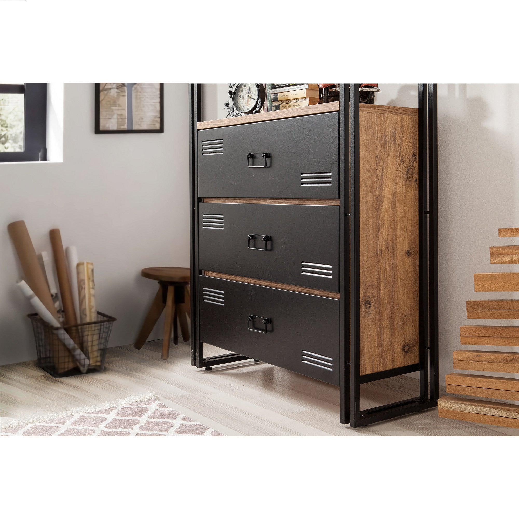 Estante Industrial – 90x180x35 cm – Preto e Pinho Atlântico – Melamina