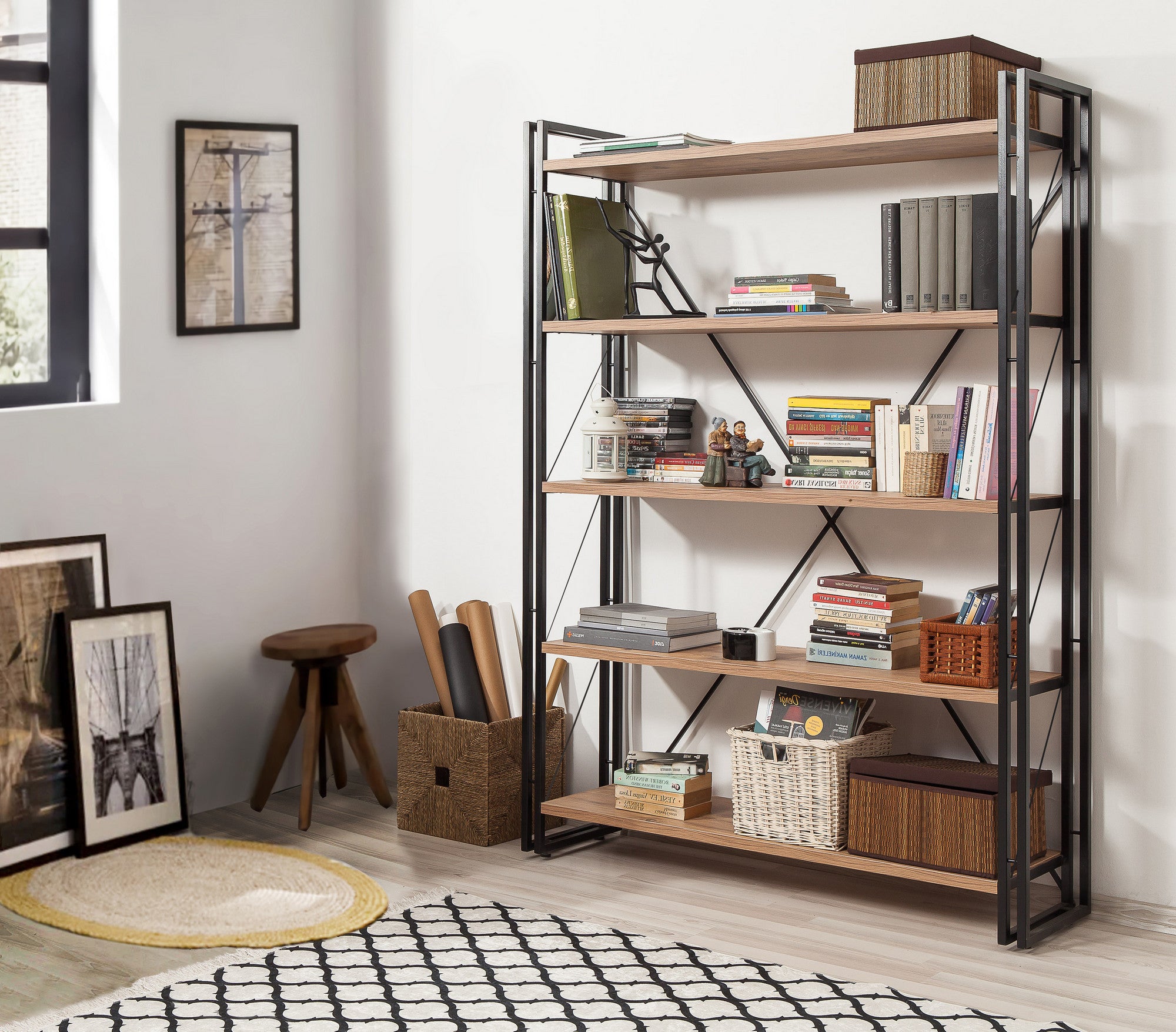 Estante Industrial – 130 x 180 x 35 cm – Pinheiro Atlântico e Preto – Melamina