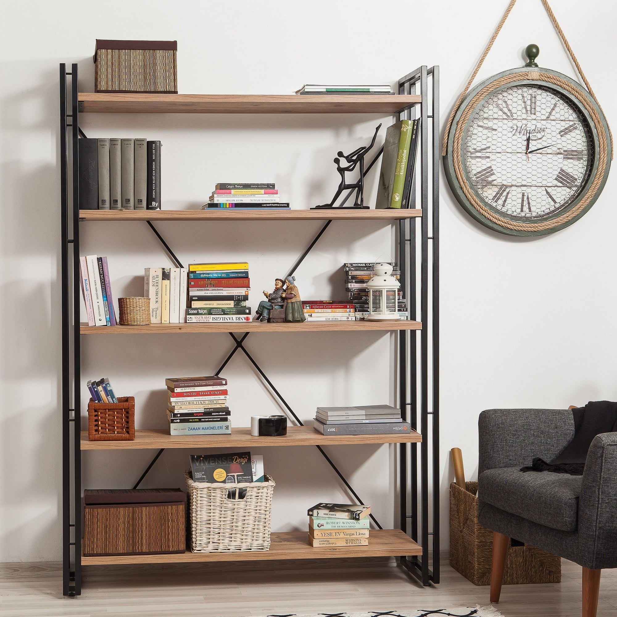 Estante Industrial – 130 x 180 x 35 cm – Pinheiro Atlântico e Preto – Melamina